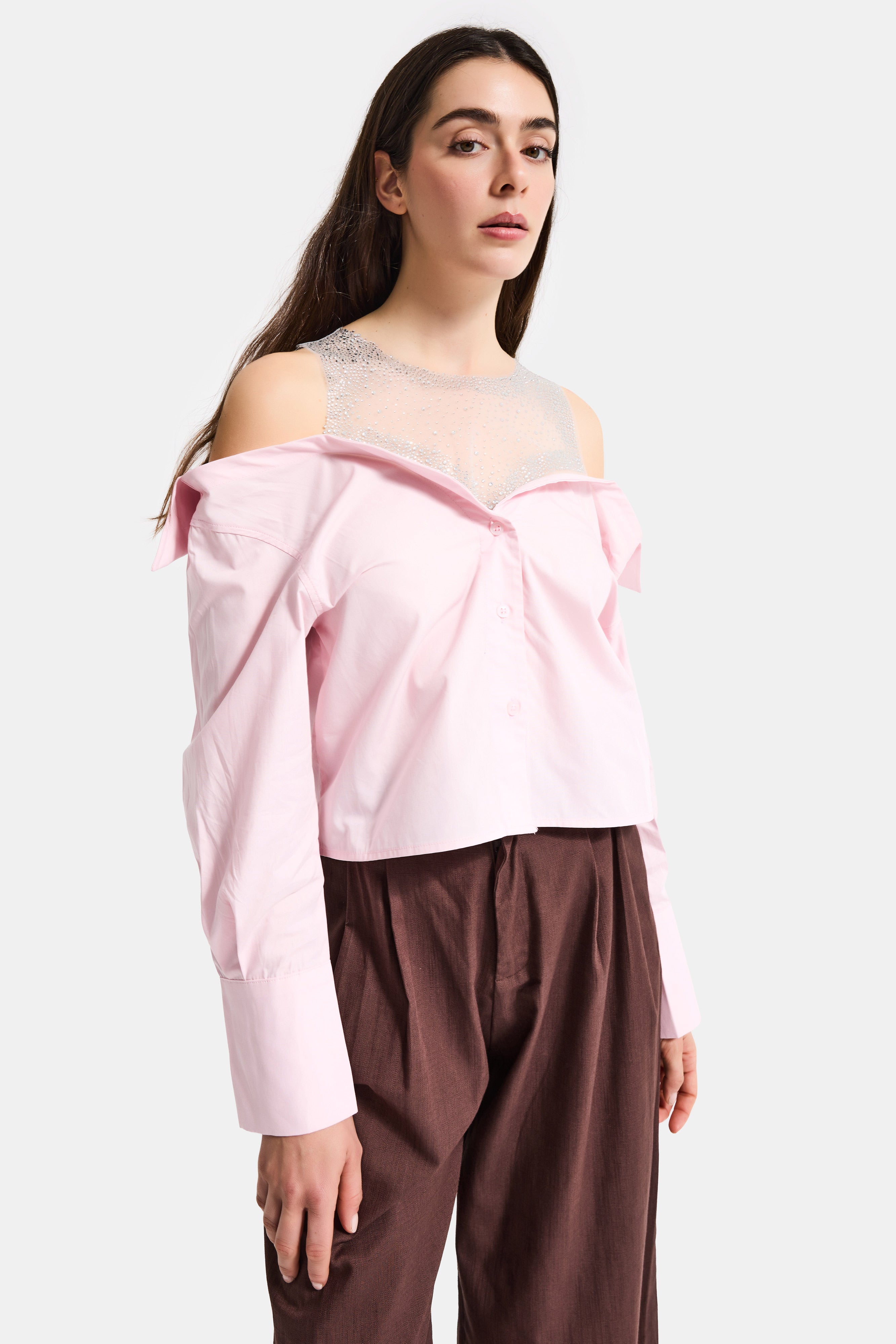 Kadın Pembe Oversize Tül Dantelli Özel Tasarım Gömlek