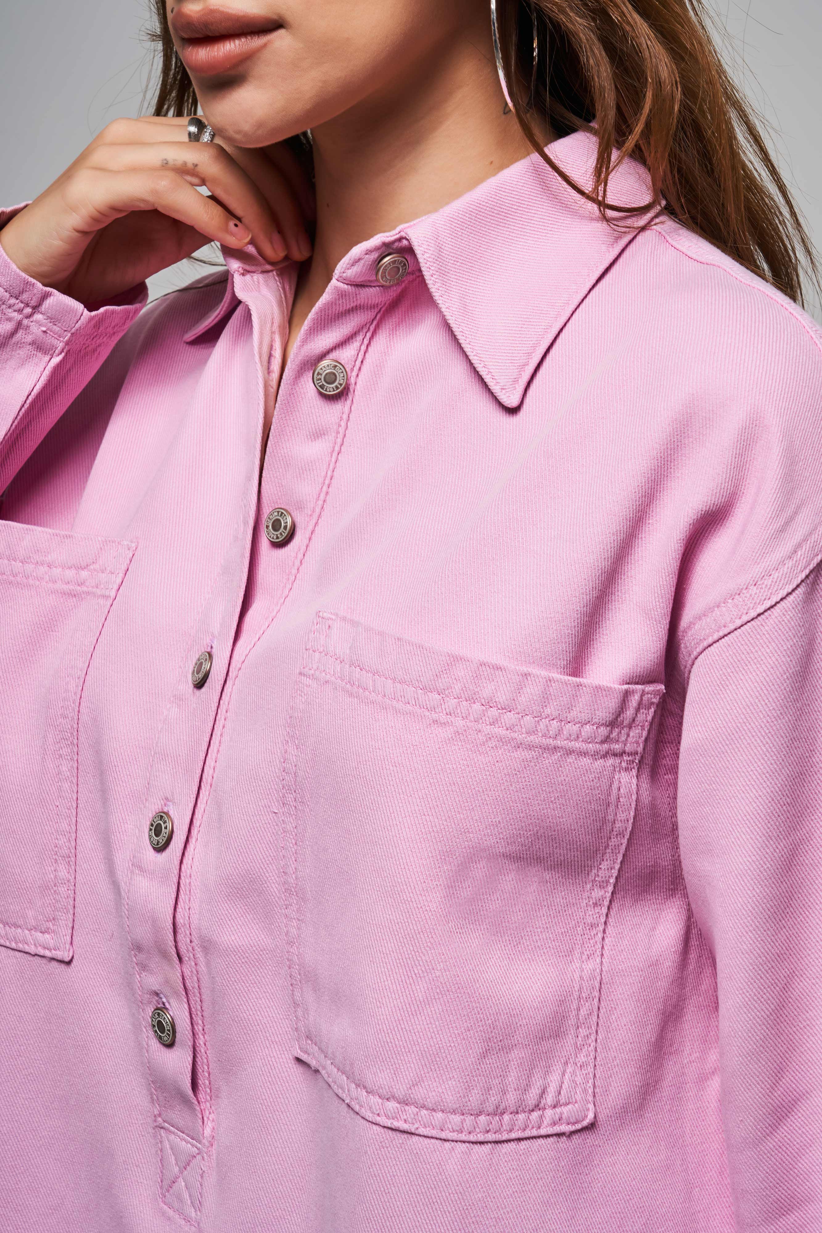 Kadın Pembe Renk 6S5-98 %100 Koton Önden Cepli Denim Elbise