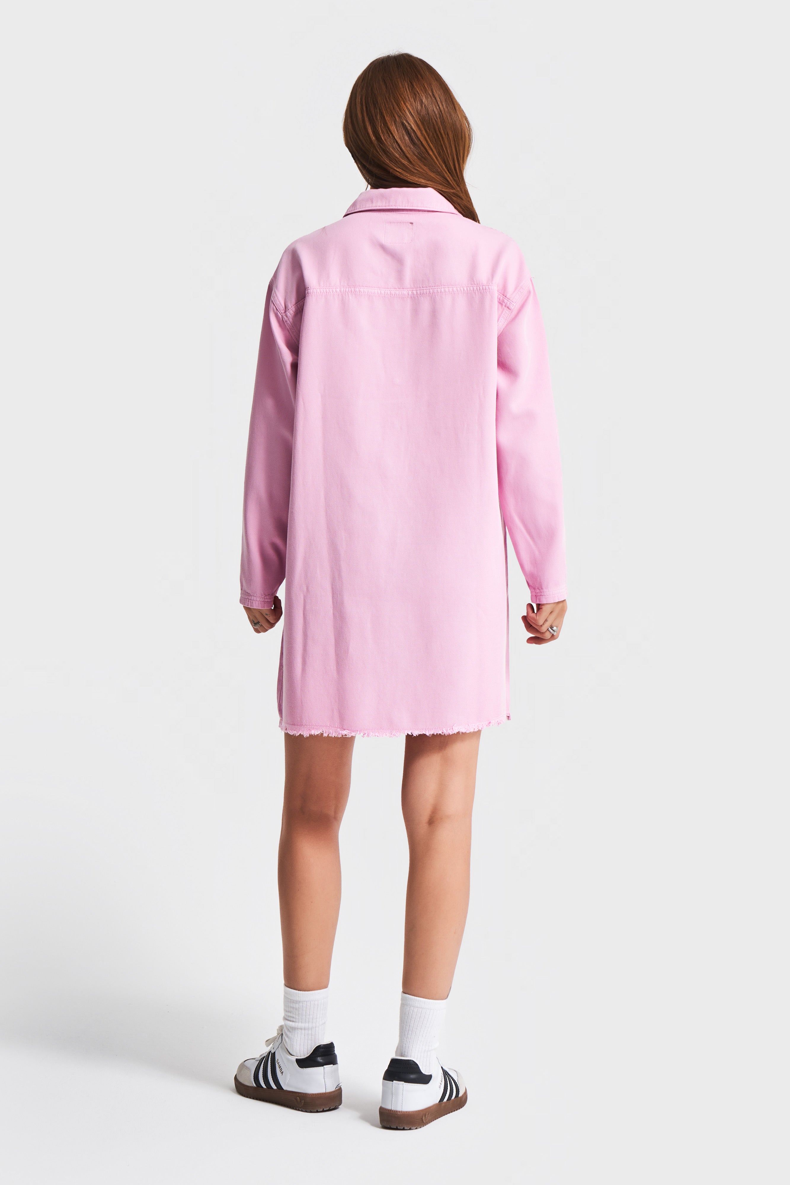 Kadın Pembe Renk 6S5-98 %100 Koton Önden Cepli Denim Elbise