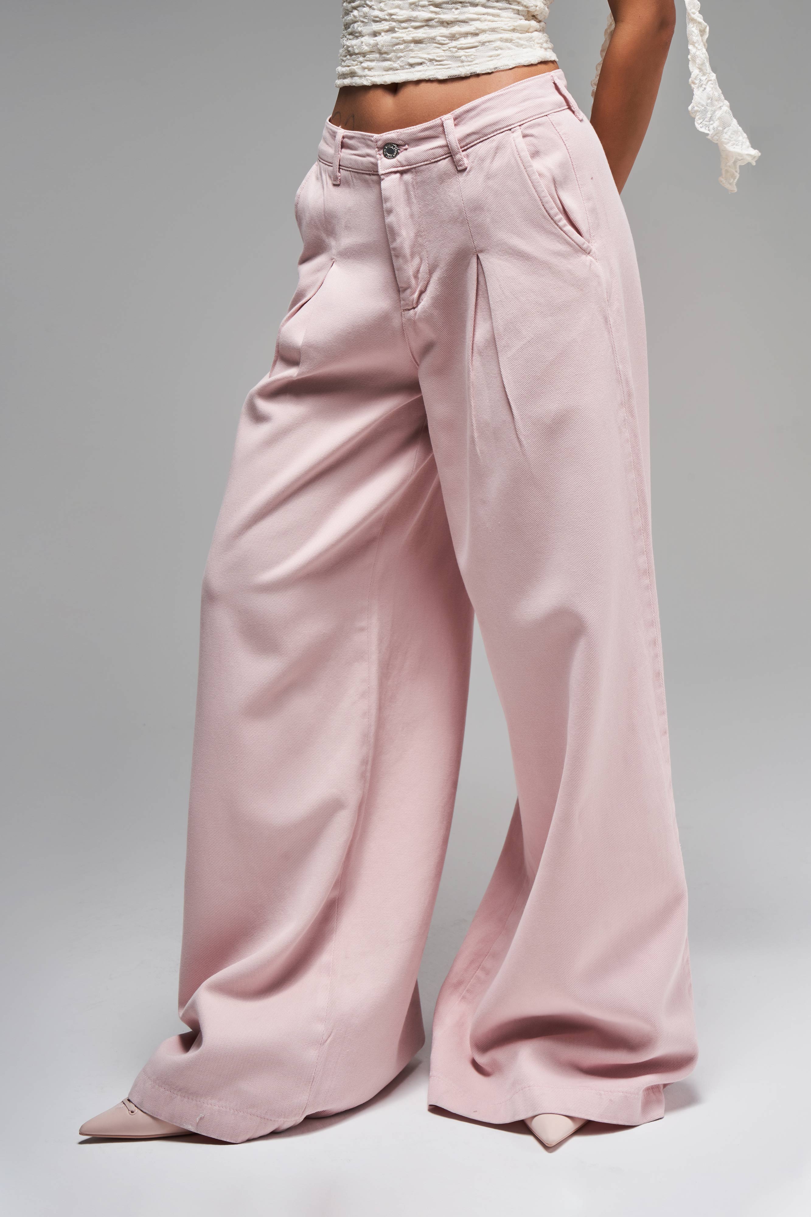 Kadın Pembe Renk 6s5-98 Palazzo Fit Bol Kesim Pileli %100 Koton Denim Jean