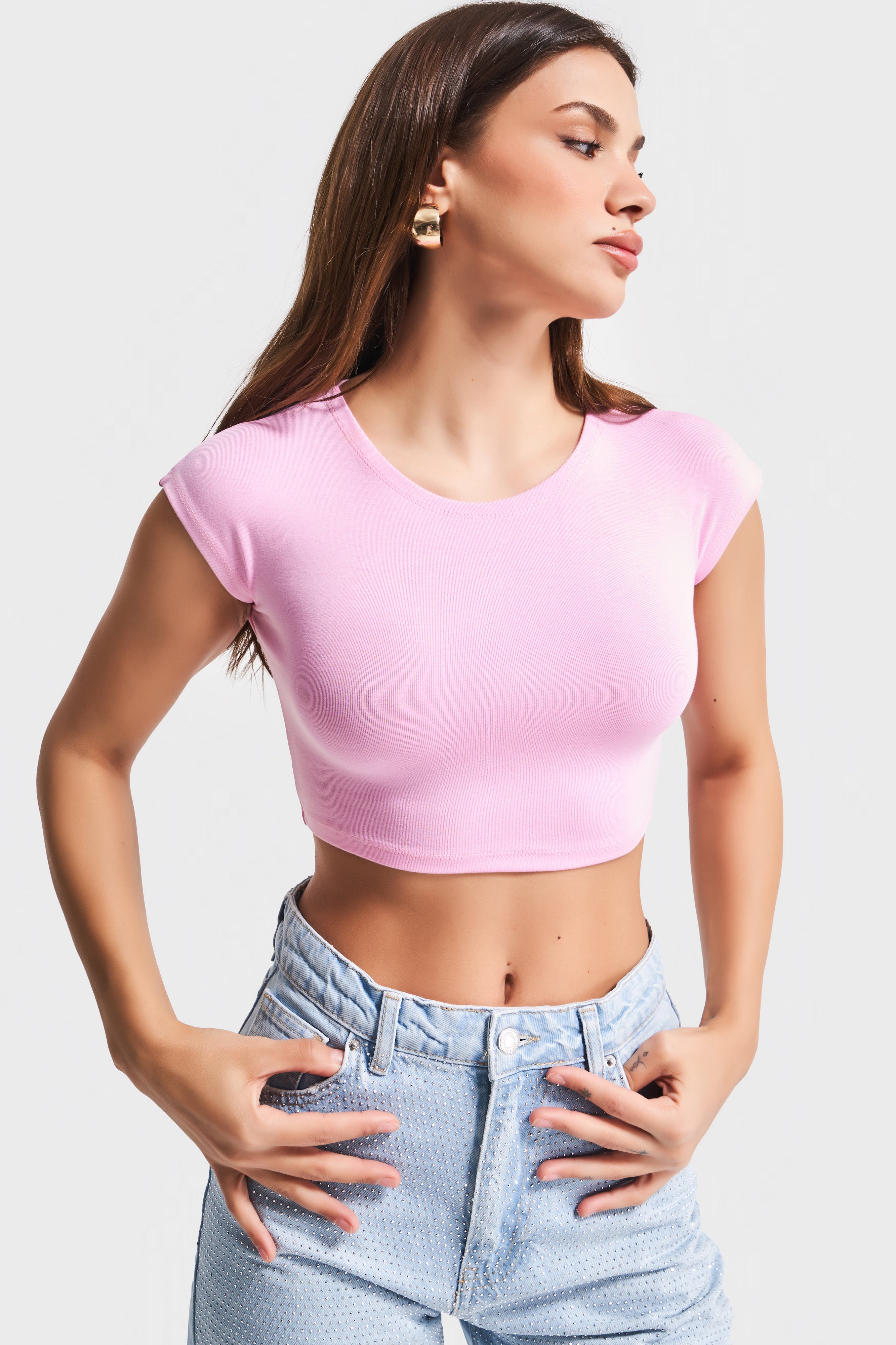 Kadın Pembe Renk Esnek Kumaş Bisiklet Yaka Crop Body