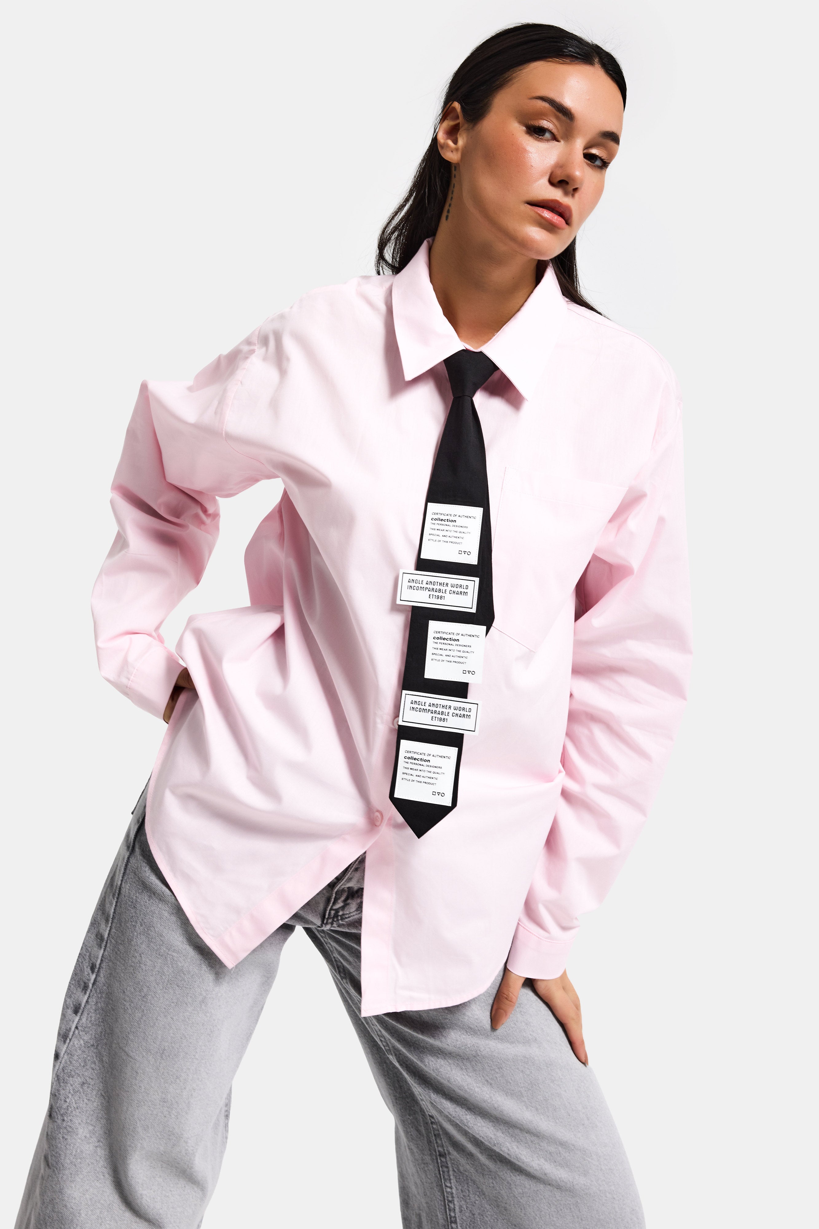 Kadın Pembe Renk Oversize Kravatlı Özel Tasarım Bol Kesim Gömlek