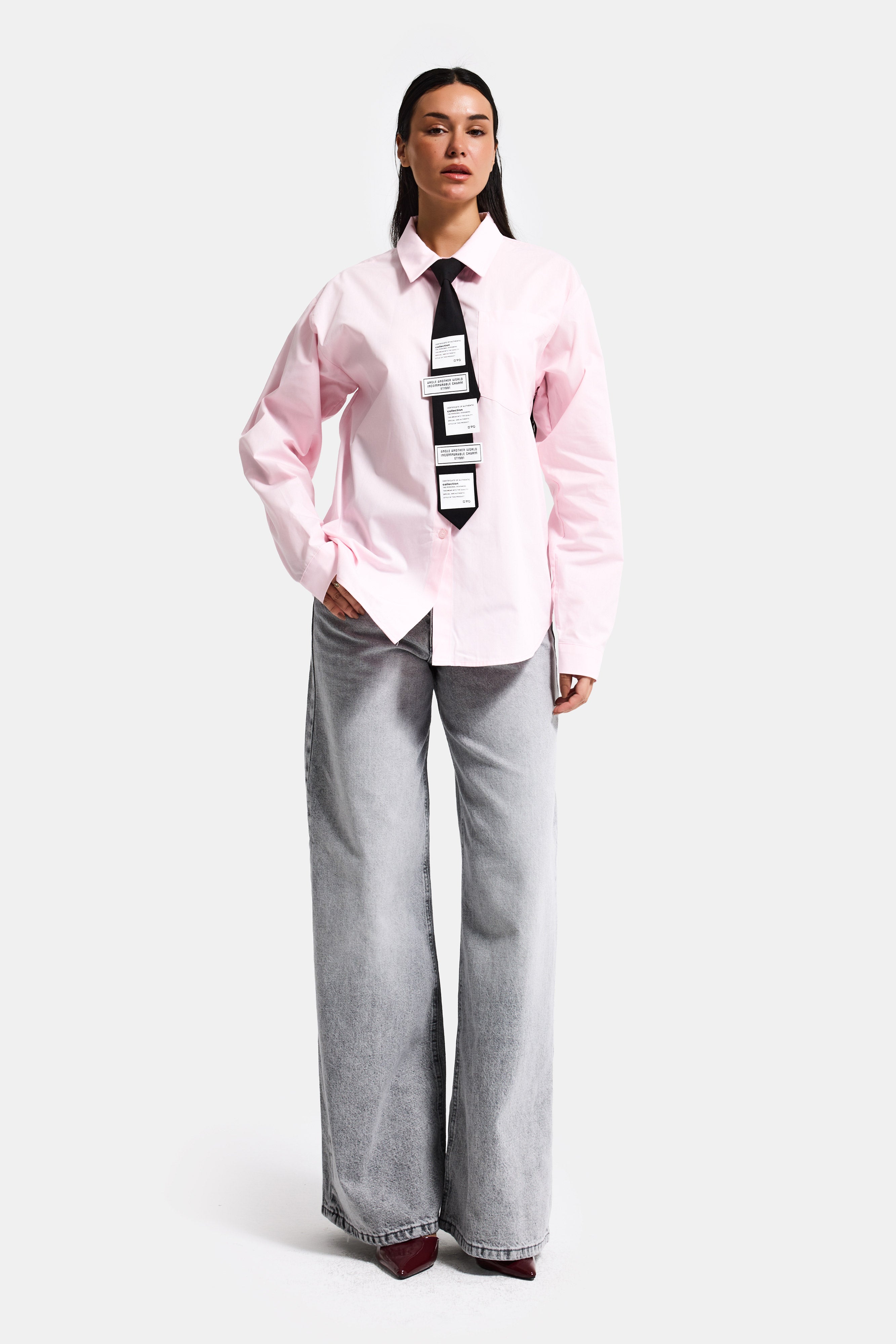 Kadın Pembe Renk Oversize Kravatlı Özel Tasarım Bol Kesim Gömlek