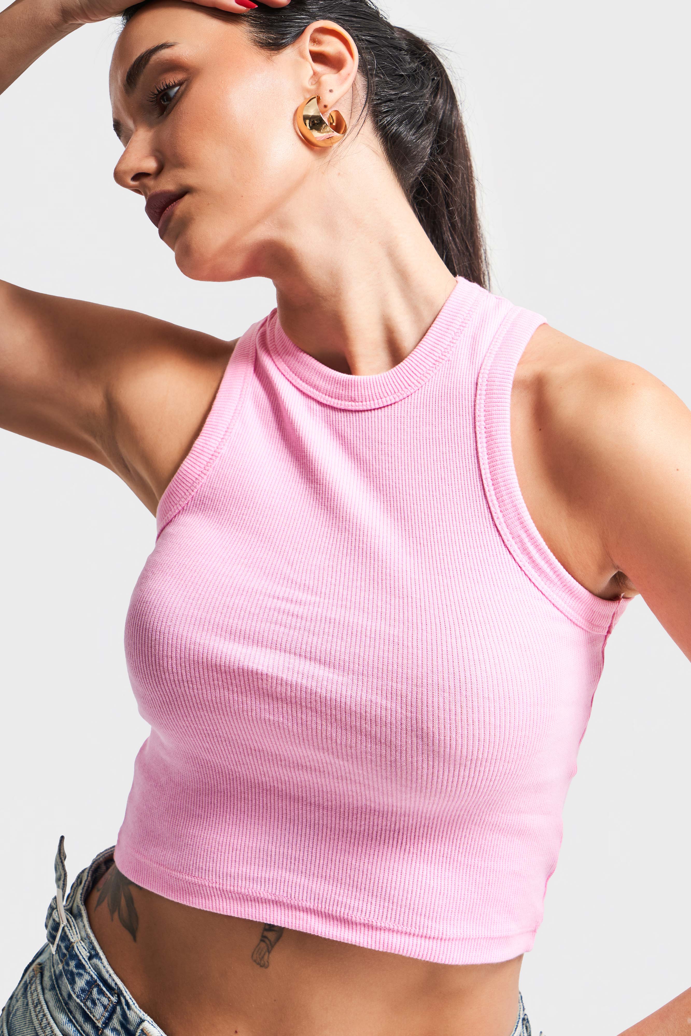 Kadın Pembe Renk s5-98 Halter Yaka Esnek Kaşkorse Kumaş Crop Top Body