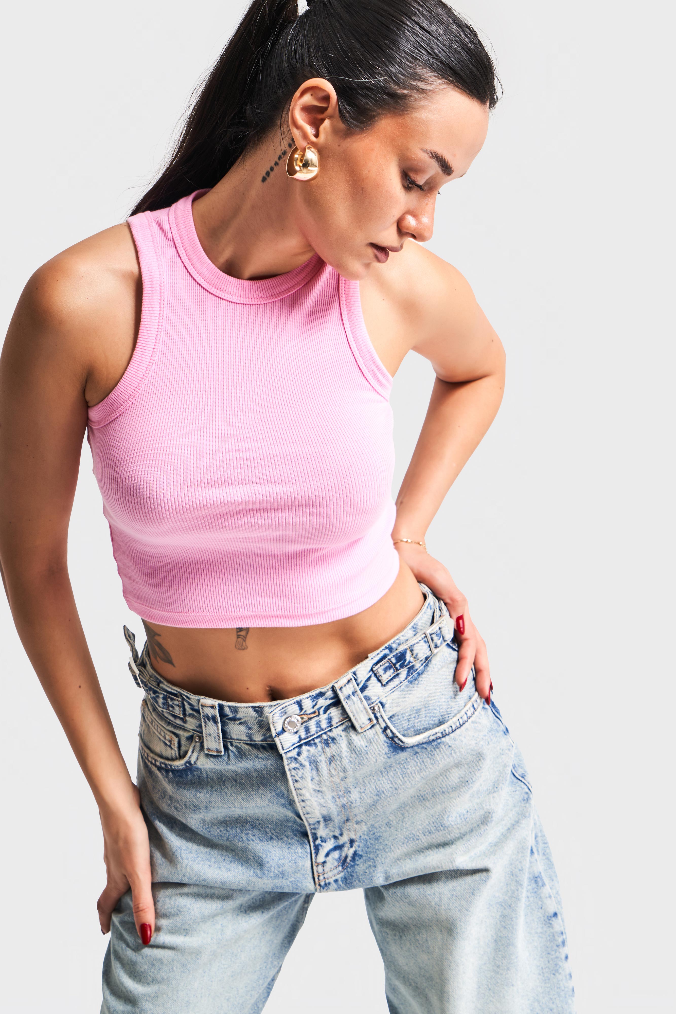 Kadın Pembe Renk s5-98 Halter Yaka Esnek Kaşkorse Kumaş Crop Top Body