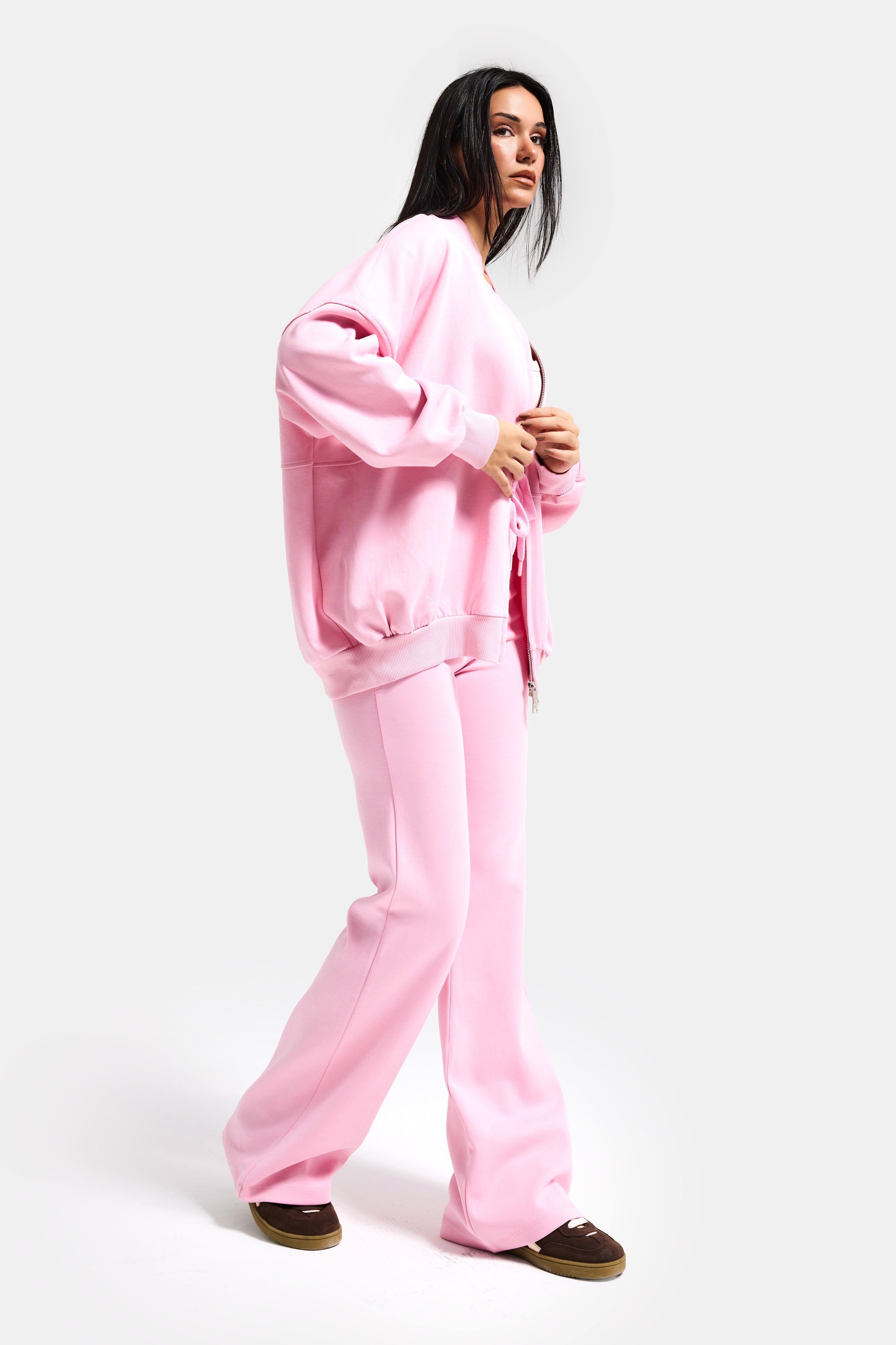 Kadın Pembe s6-98 Alt Üst Sweatshirt Polar Yürüyüş Pantolonu 2'li Tasarım Takım