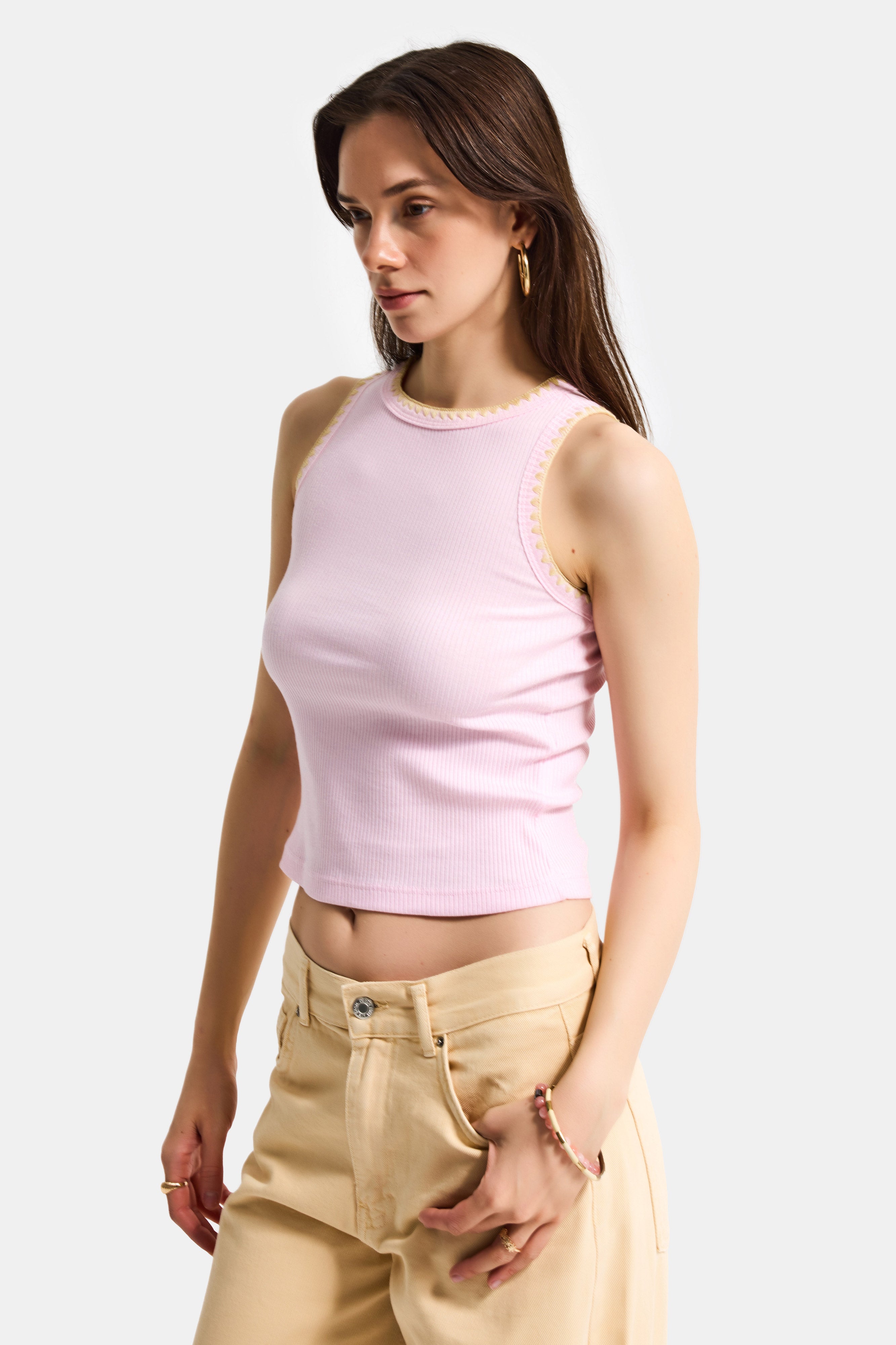 Kadın Pembe s6-98 Crop Fit Süper Elastan Sarı İşlemeli Body