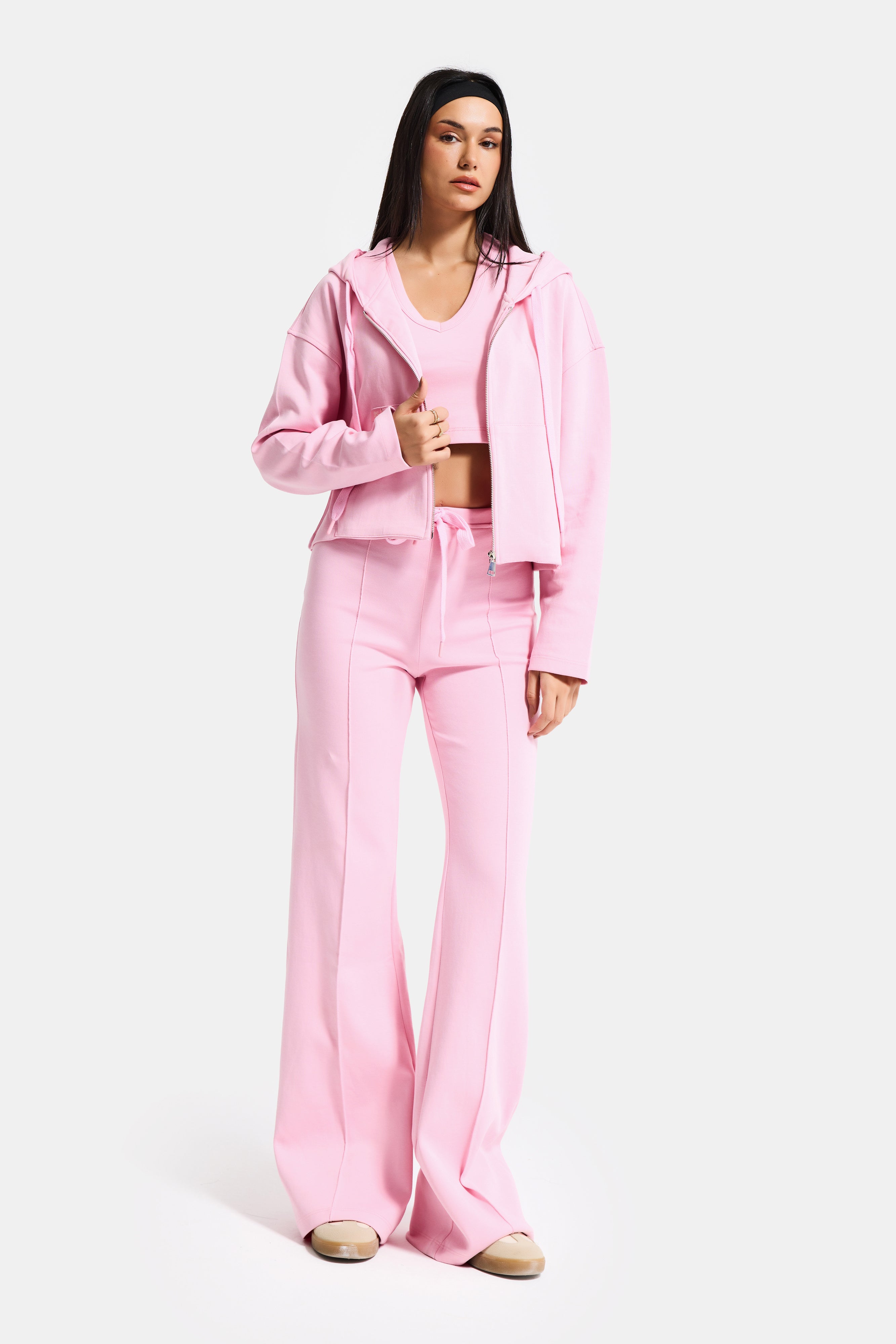 Women's Pink Knit Fabric Flare Tracksuit 3-Piece Set