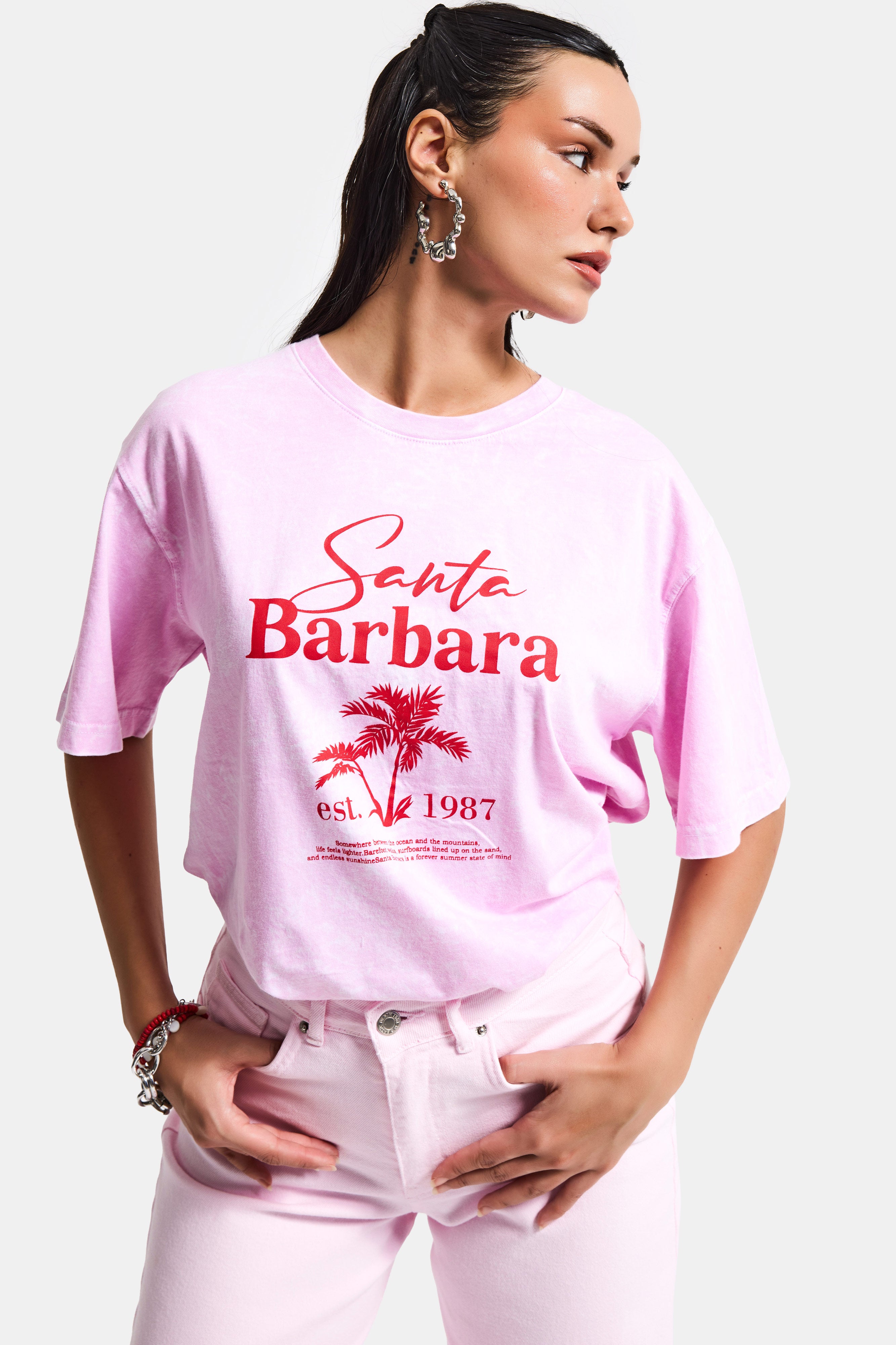 Kadın Pembe s6-98 Oversize Santa Barbara Baskılı %100 Koton T-Shirt