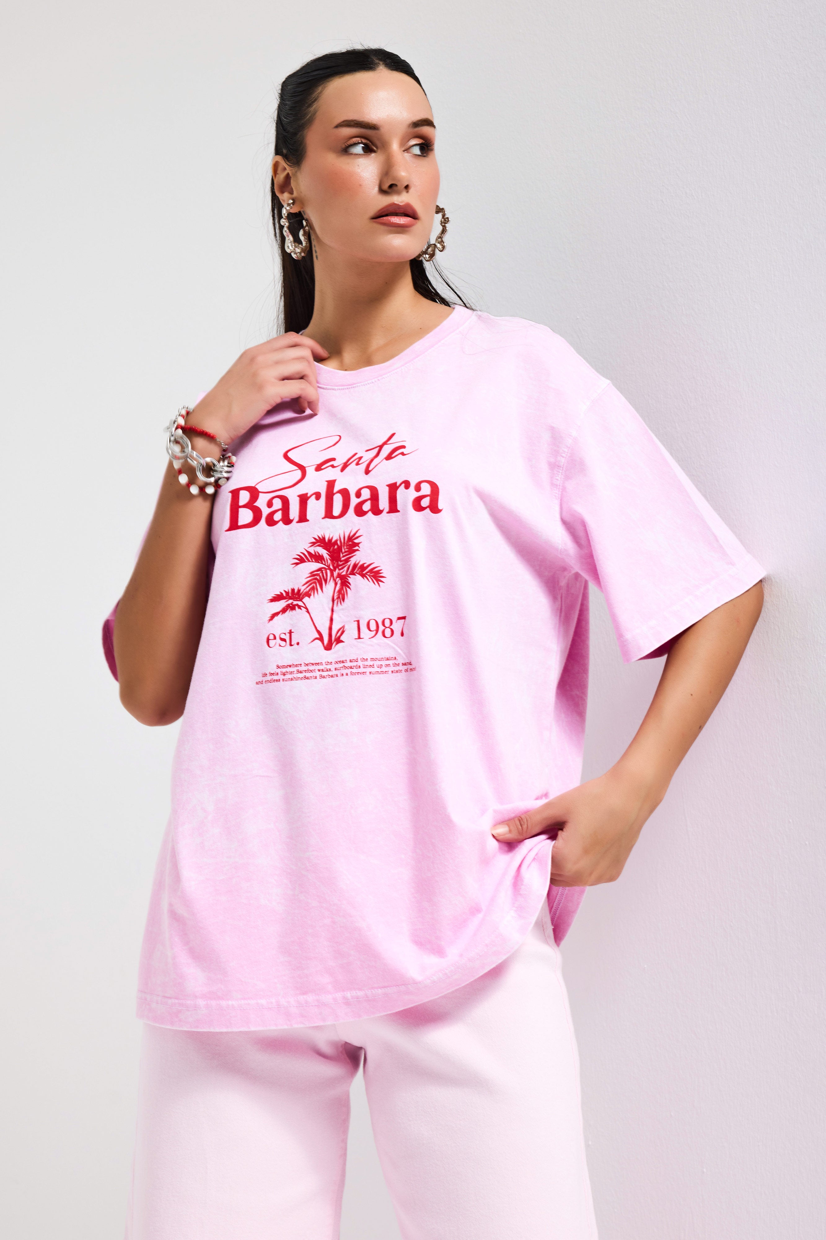 Kadın Pembe s6-98 Oversize Santa Barbara Baskılı %100 Koton T-Shirt