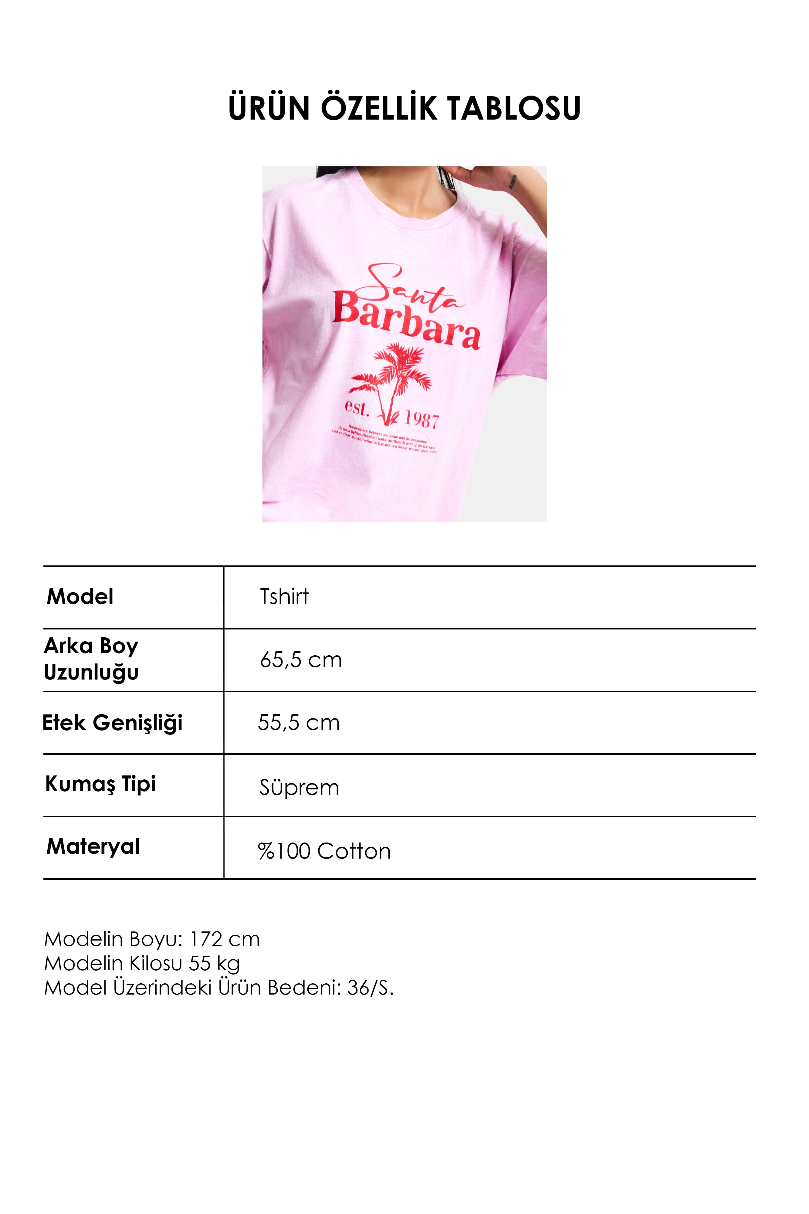 Kadın Pembe s6-98 Oversize Santa Barbara Baskılı %100 Koton T-Shirt