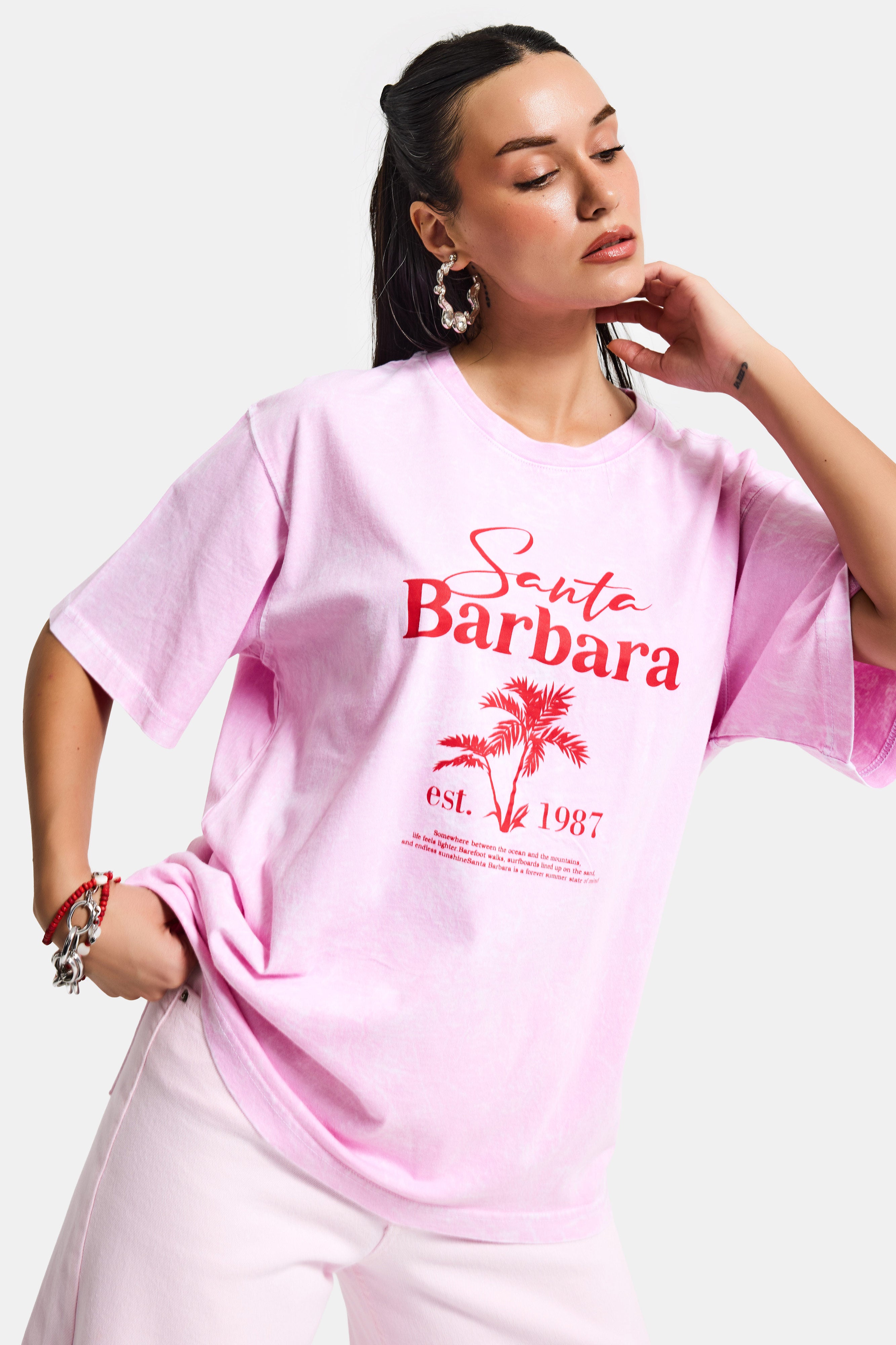 Kadın Pembe s6-98 Oversize Santa Barbara Baskılı %100 Koton T-Shirt