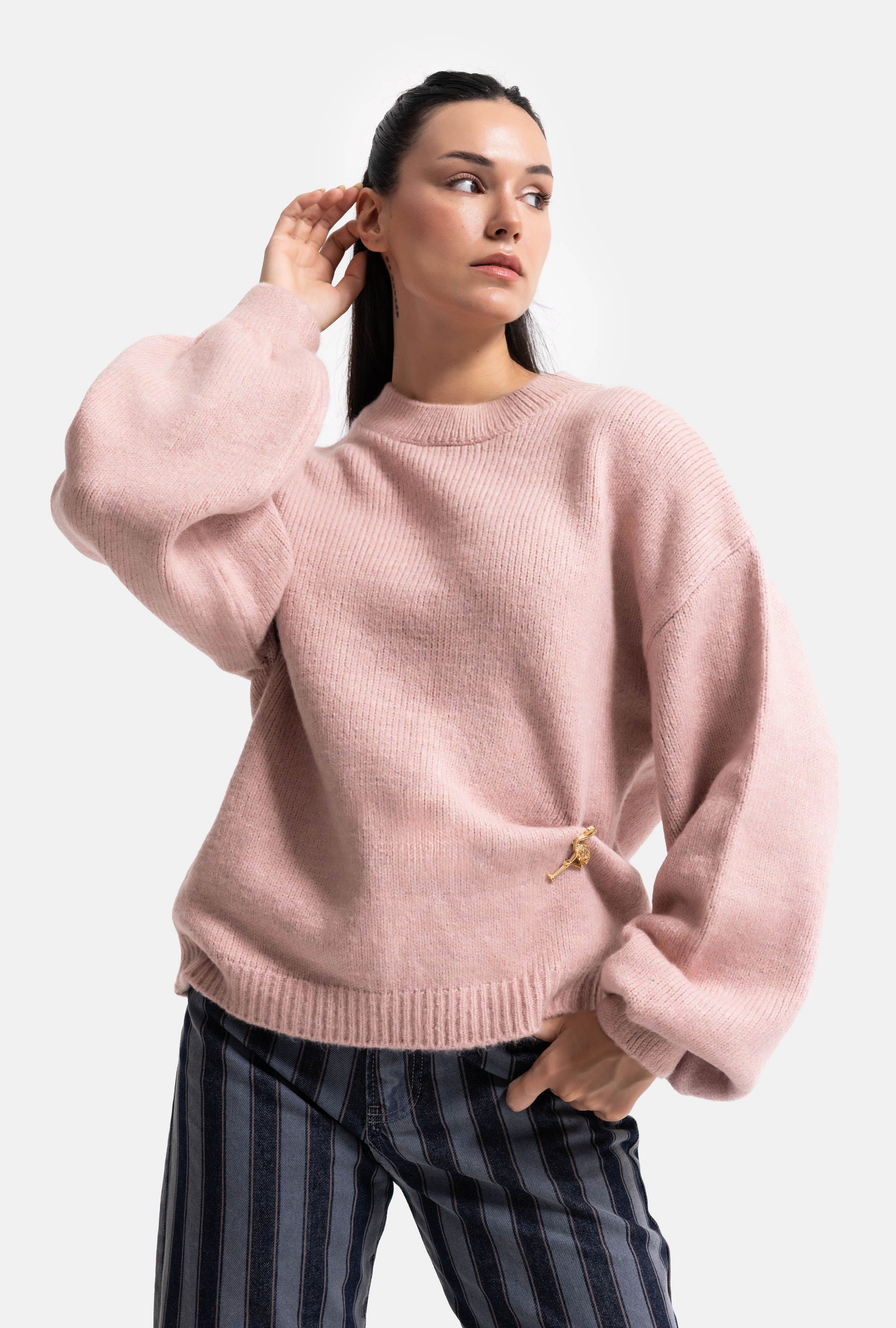 Kadın Pembe w6-98 Oversize Aksesuar Detaylı Tasarım Triko Kazak