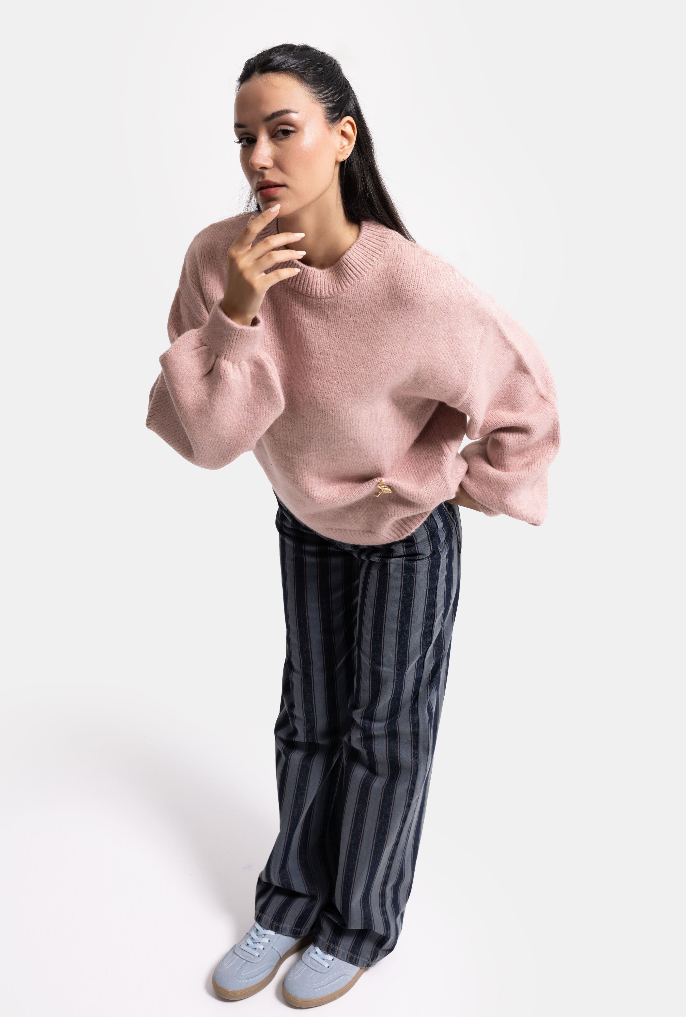 Kadın Pembe w6-98 Oversize Aksesuar Detaylı Tasarım Triko Kazak