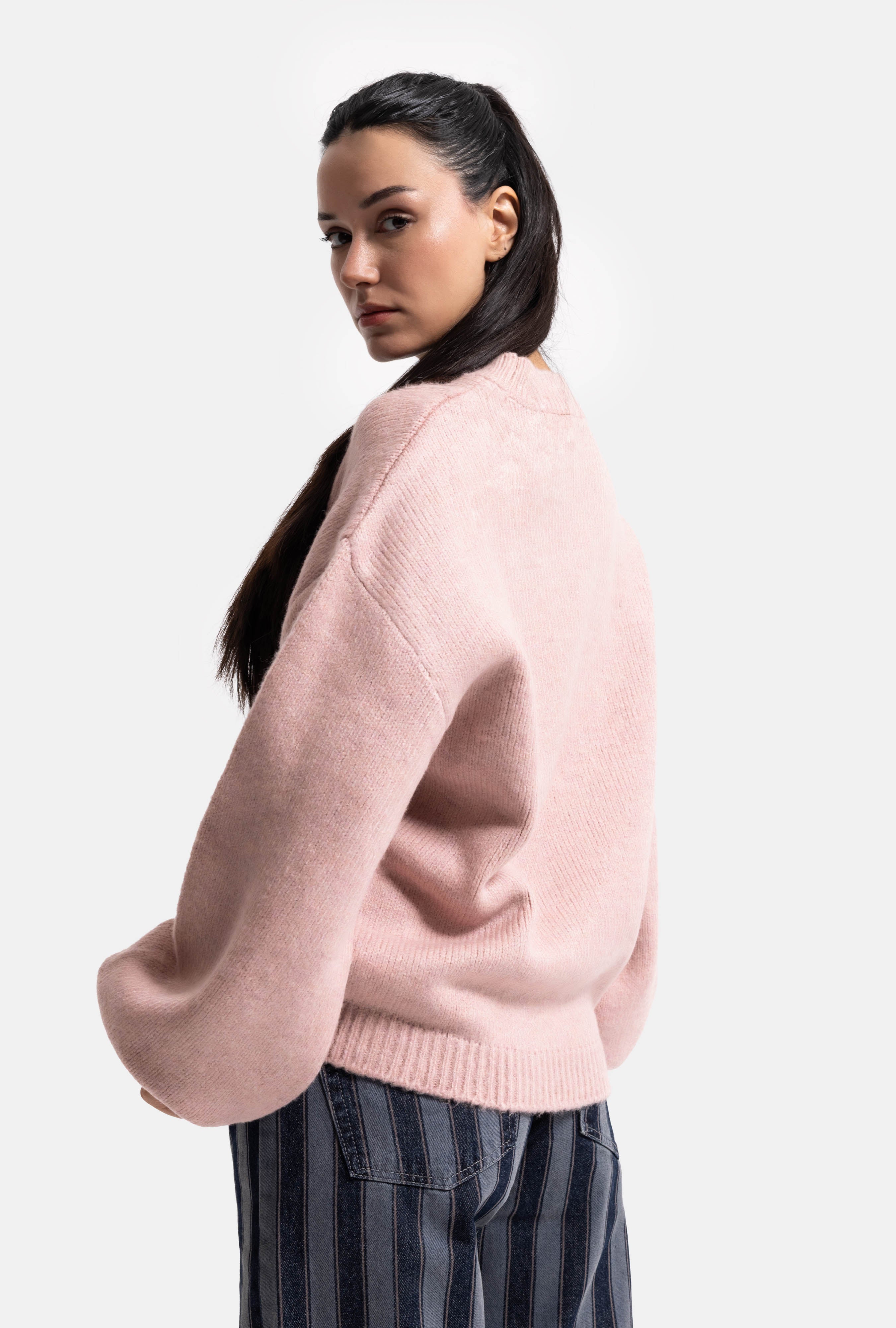 Kadın Pembe w6-98 Oversize Aksesuar Detaylı Tasarım Triko Kazak