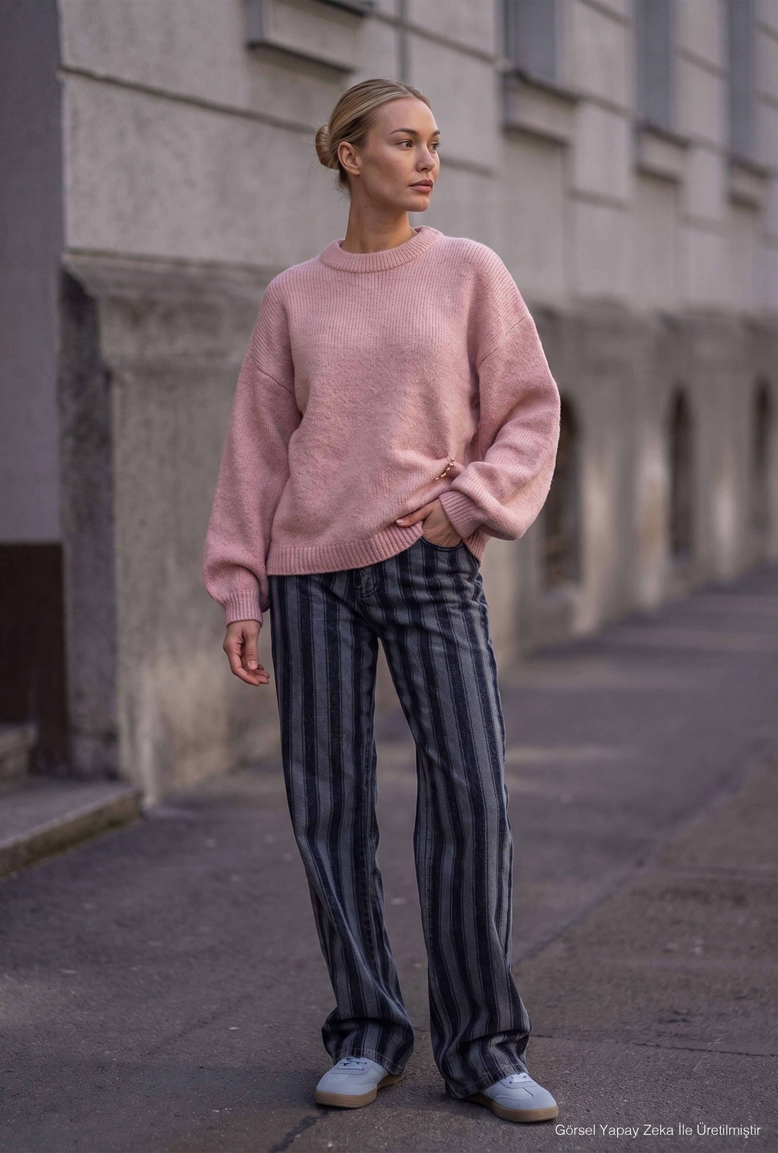 Kadın Pembe w6-98 Oversize Aksesuar Detaylı Tasarım Triko Kazak