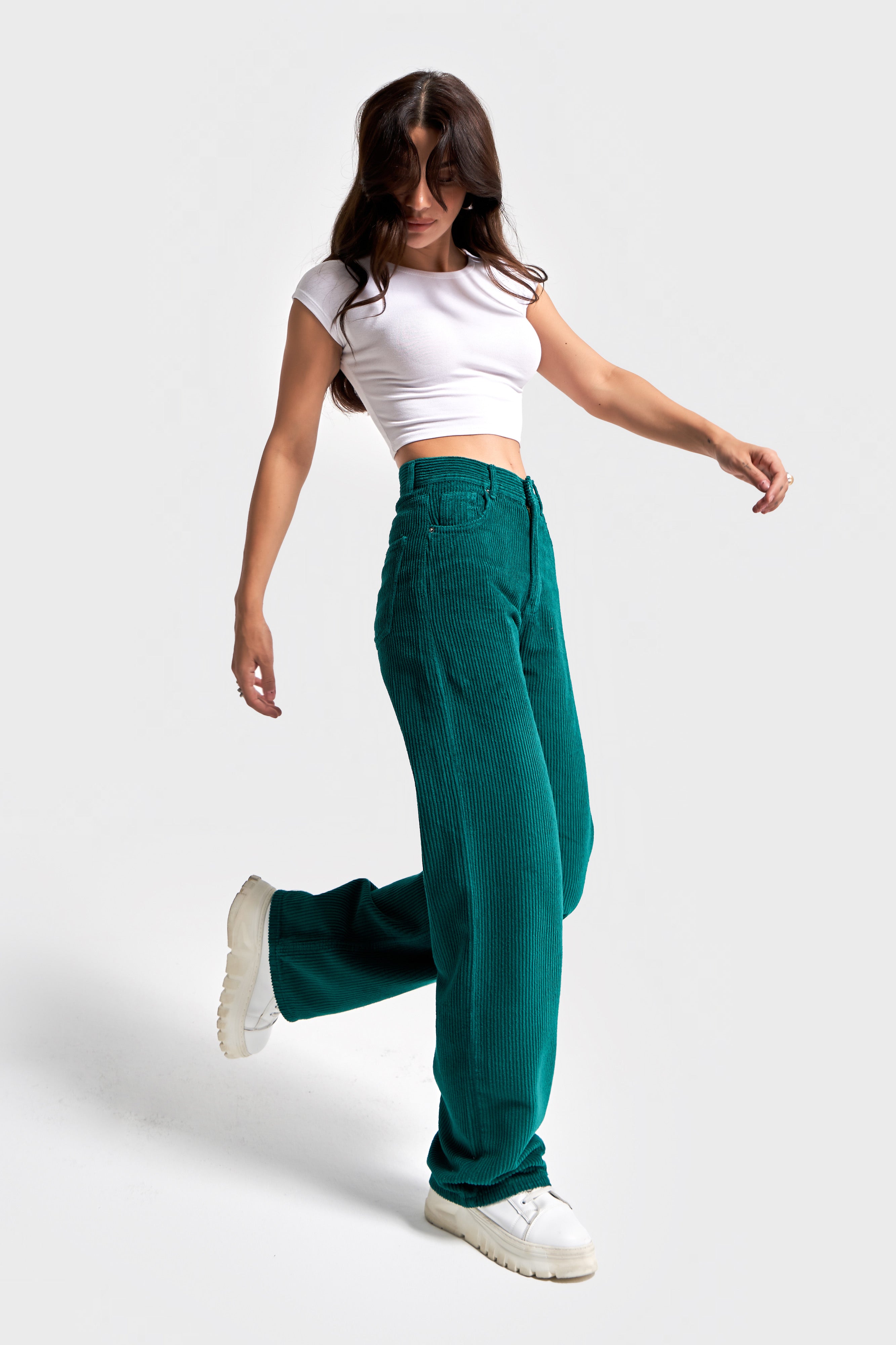 Kadın Petrol Yeşili Doris 29w5-118 Straight Fit Yüksek Bel Kalın Fitilli Velvet Kadife Kumaş Pantolon