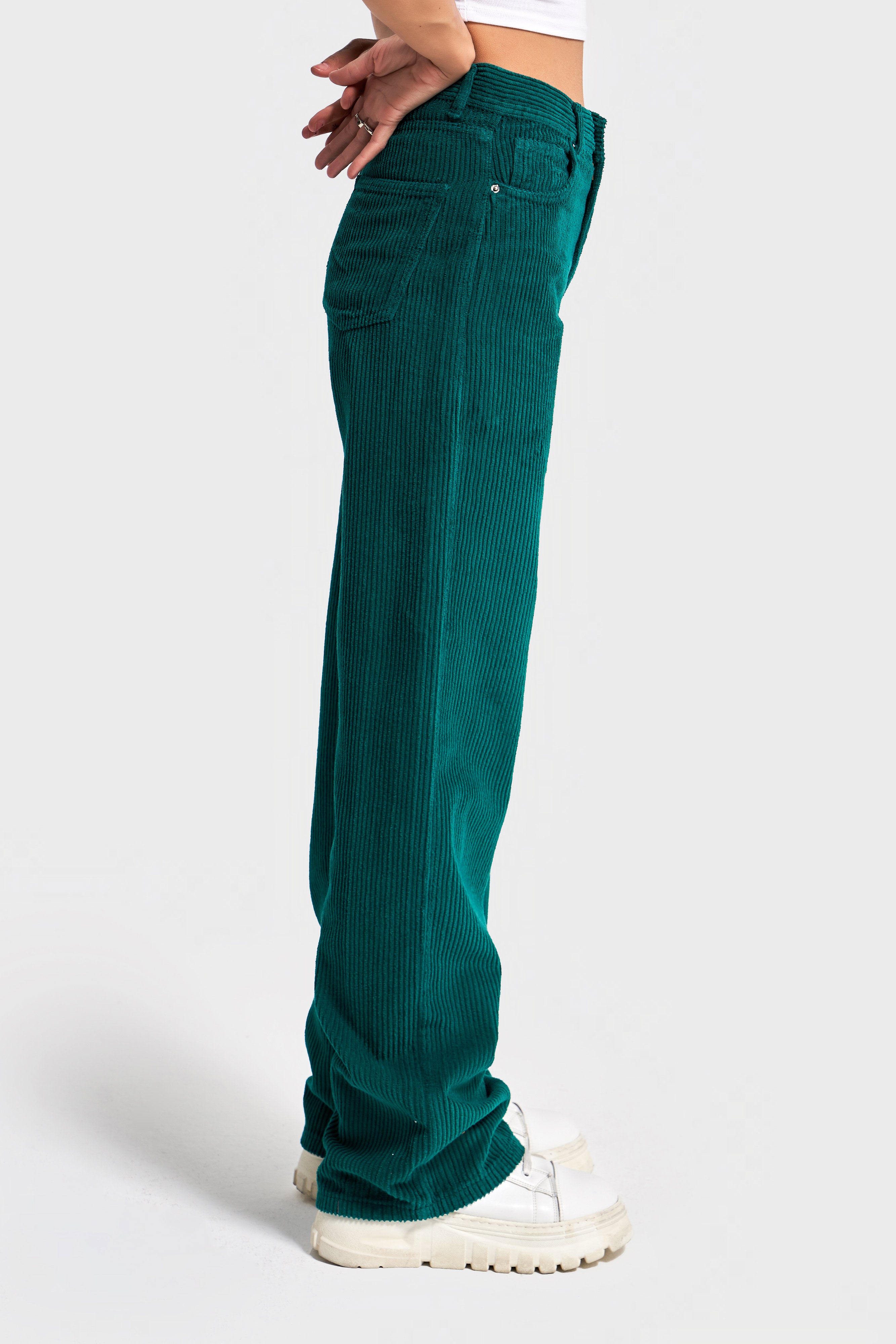 Women's Petrol Green Straight Fit Corduroy Trousers