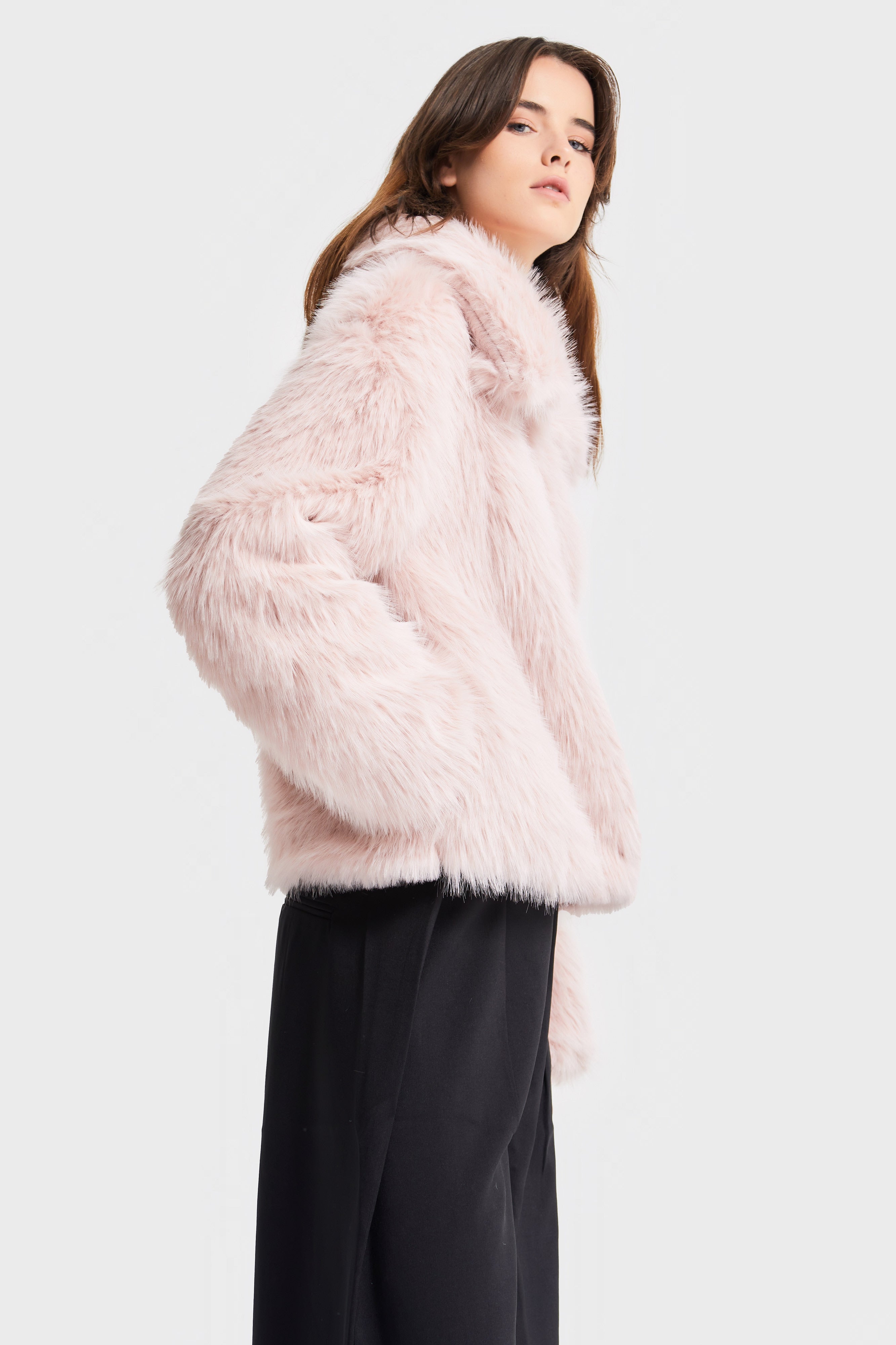 Kadın Pudra Renk w5-98 Yakalı Kürk Mont