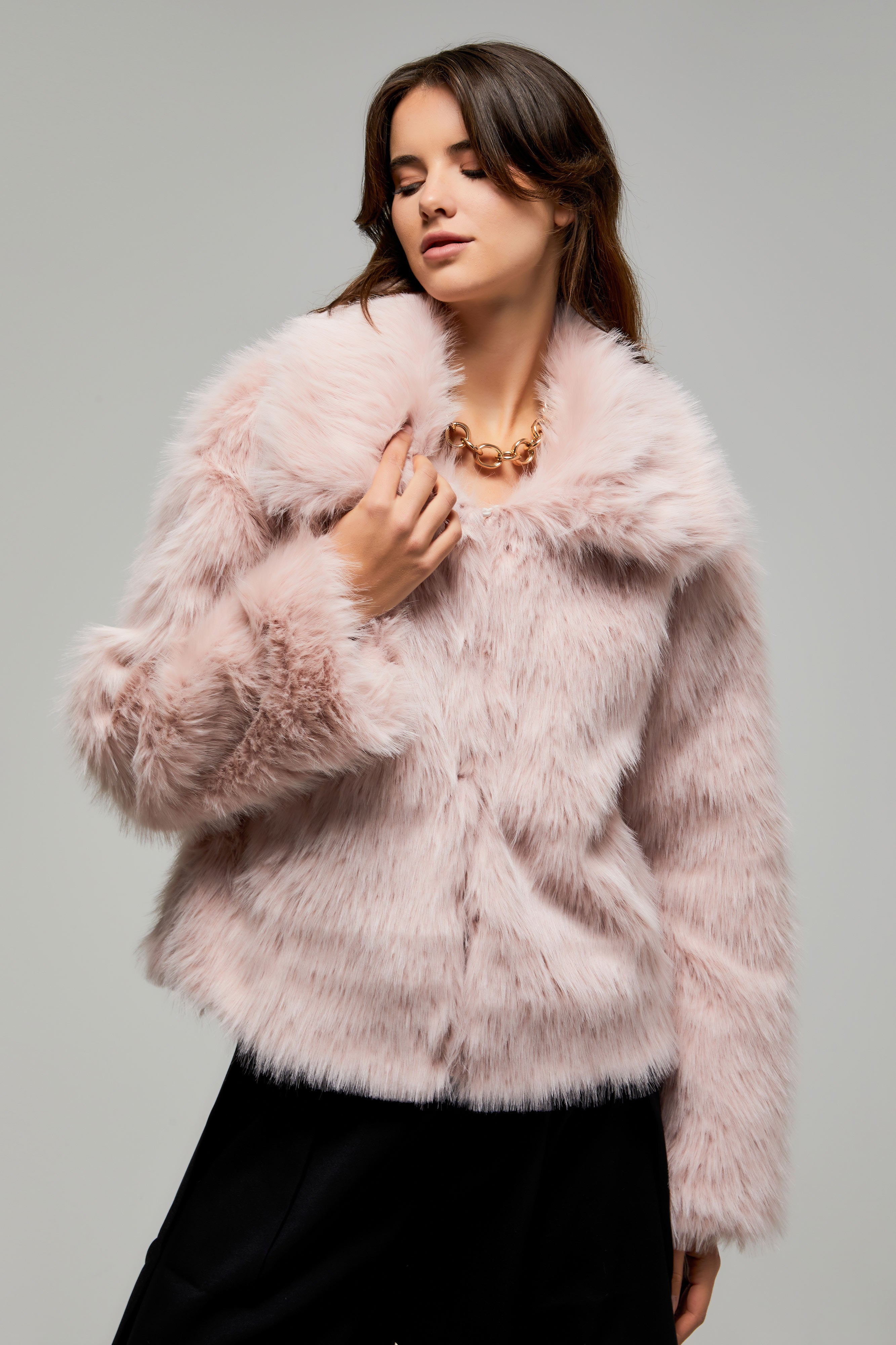 Kadın Pudra Renk w5-98 Yakalı Kürk Mont