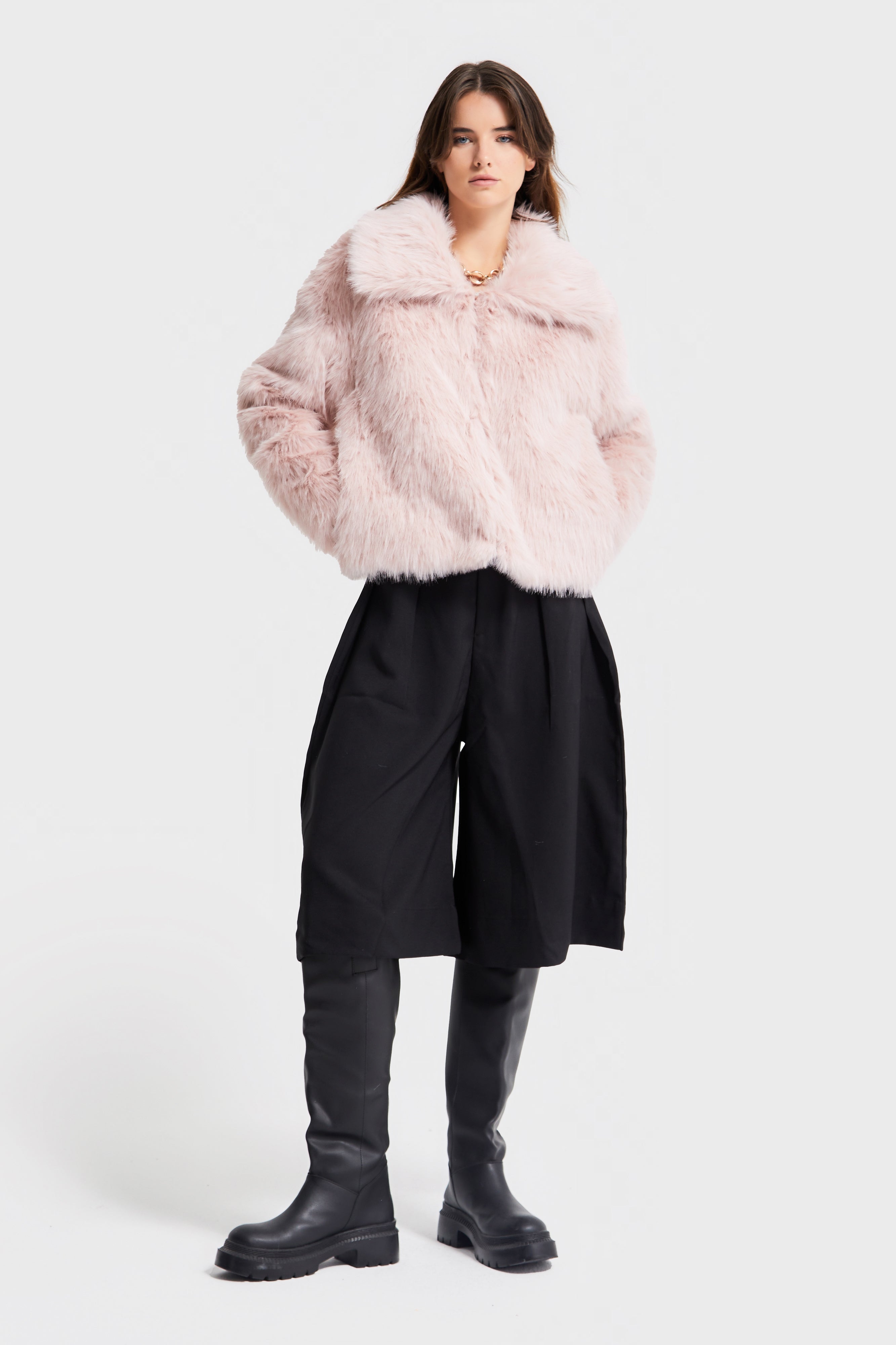 Kadın Pudra Renk w5-98 Yakalı Kürk Mont