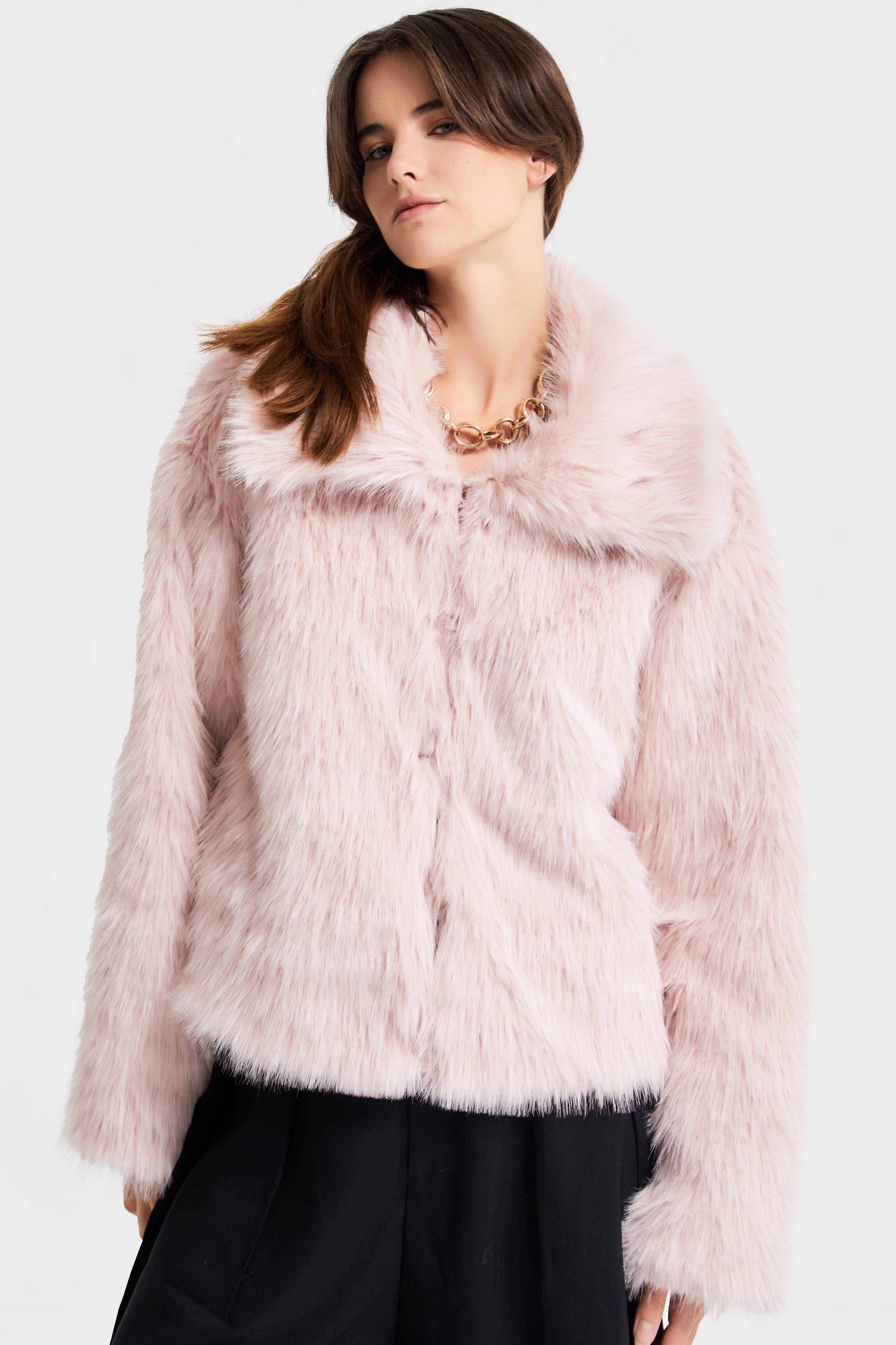 Kadın Pudra Renk w5-98 Yakalı Kürk Mont