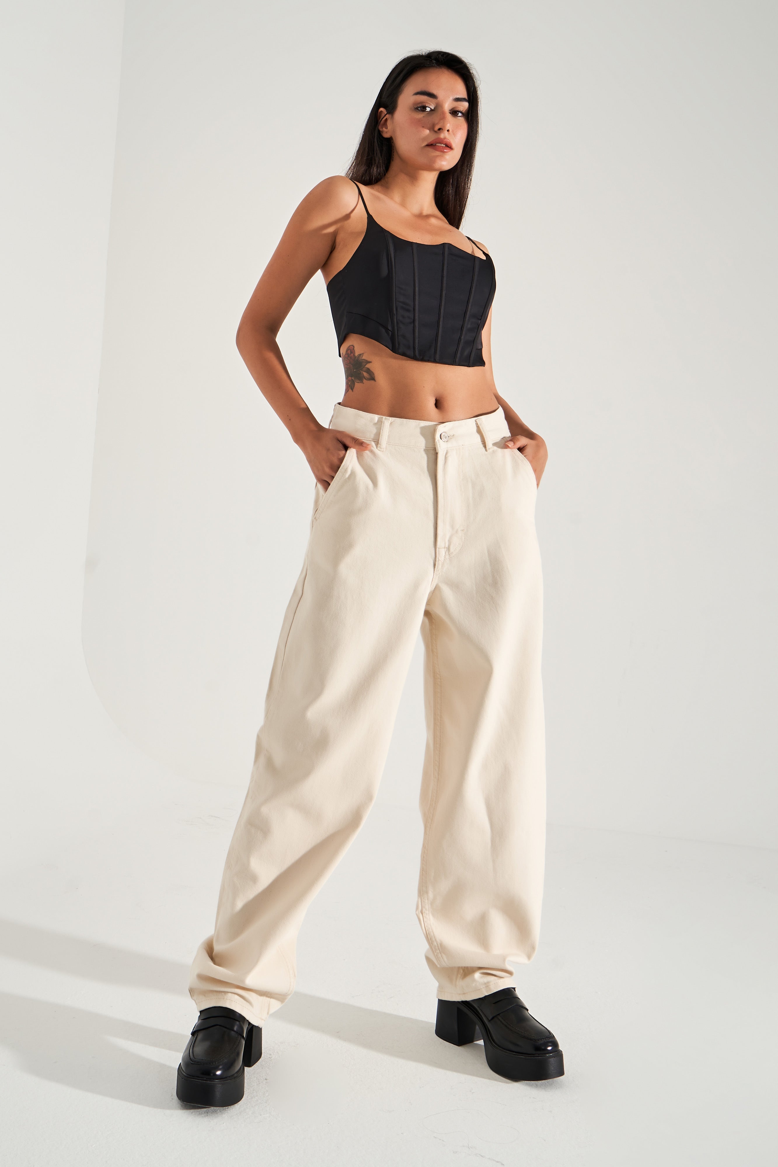 Women's Raw Ecru Color Skater Fit Loose Cut Denim