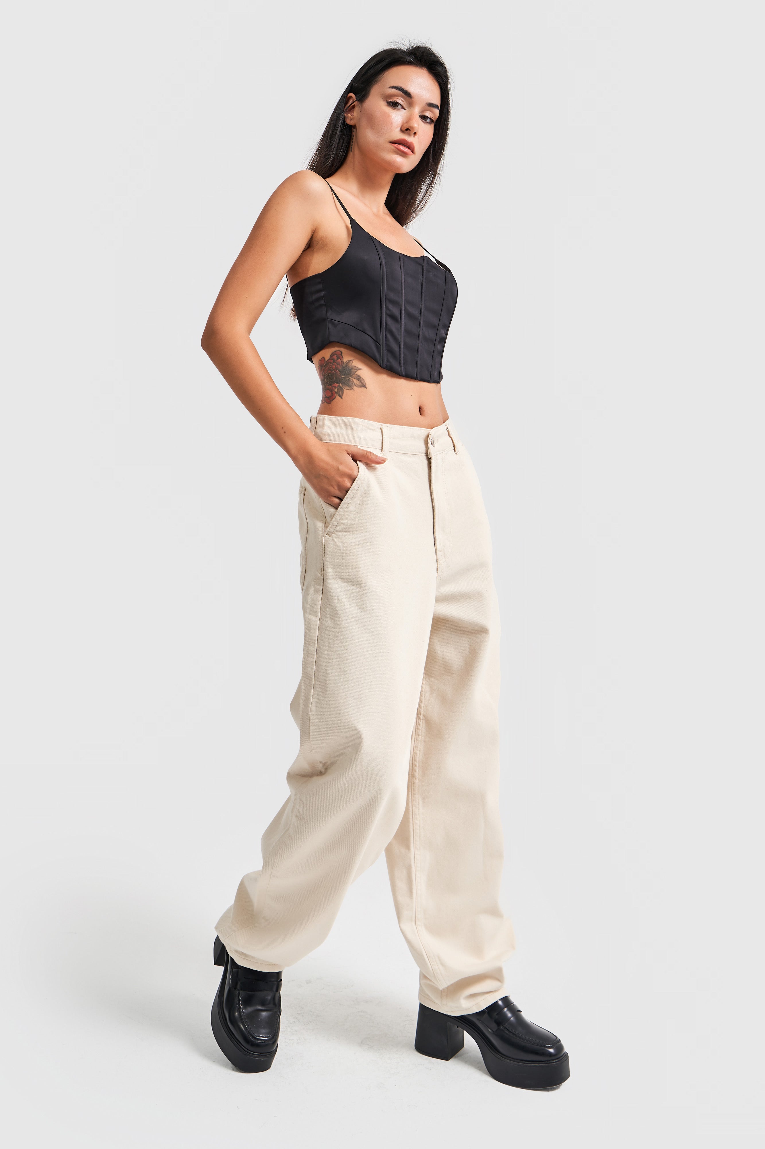 Women's Raw Ecru Color Skater Fit Loose Cut Denim