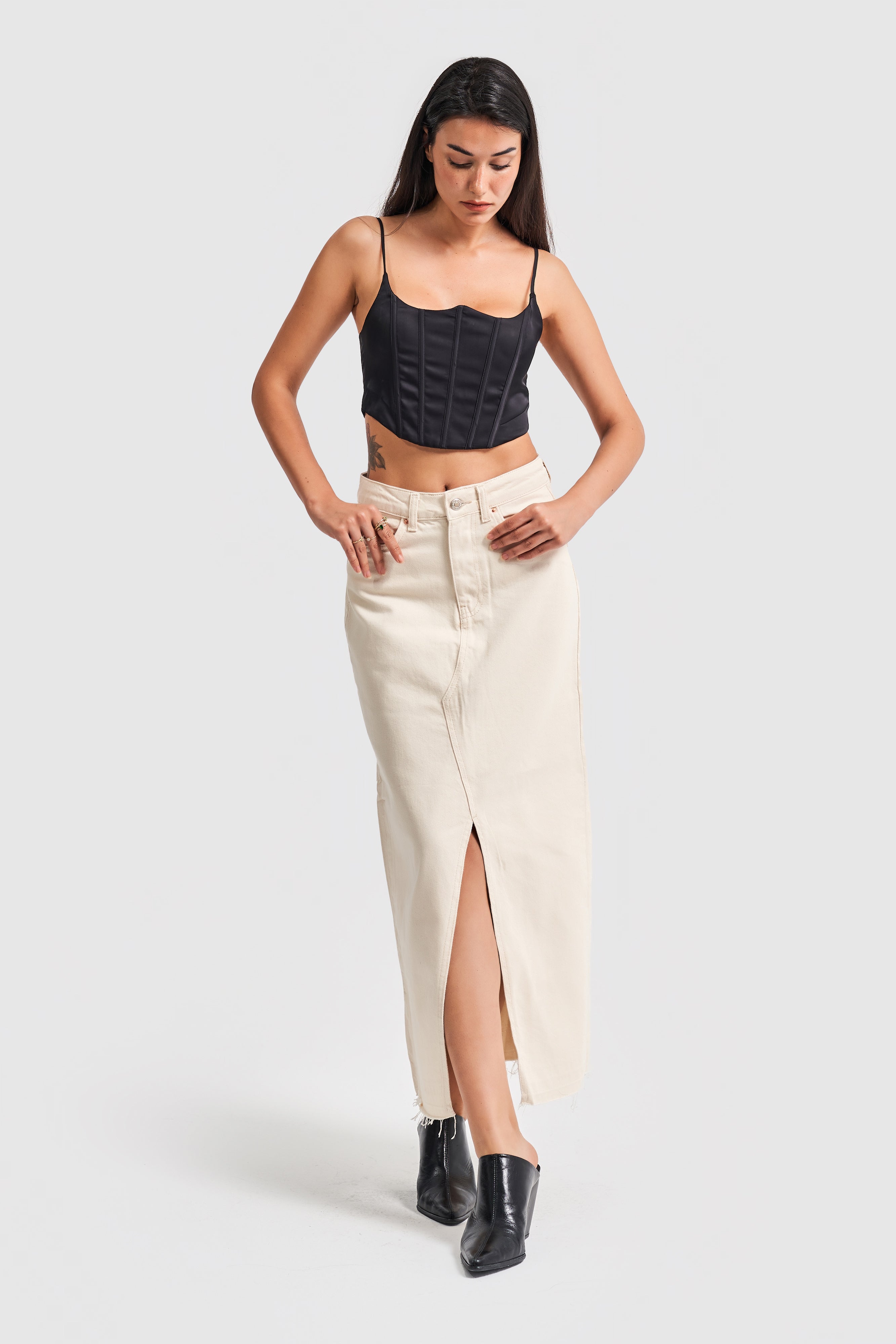 Women's Raw Color Deep Slit High Waist Long Denim Skirt