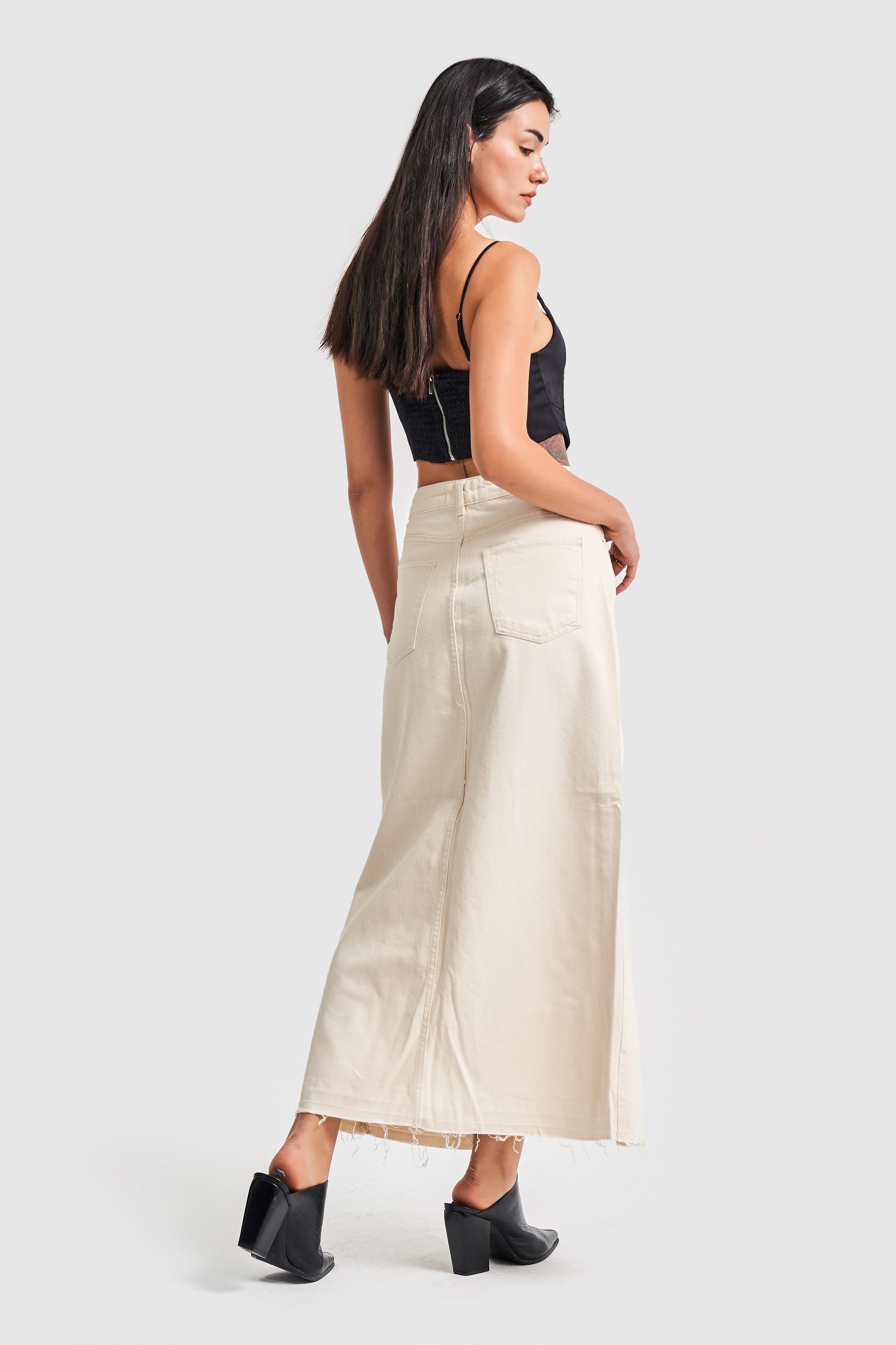 Women's Raw Color Deep Slit High Waist Long Denim Skirt
