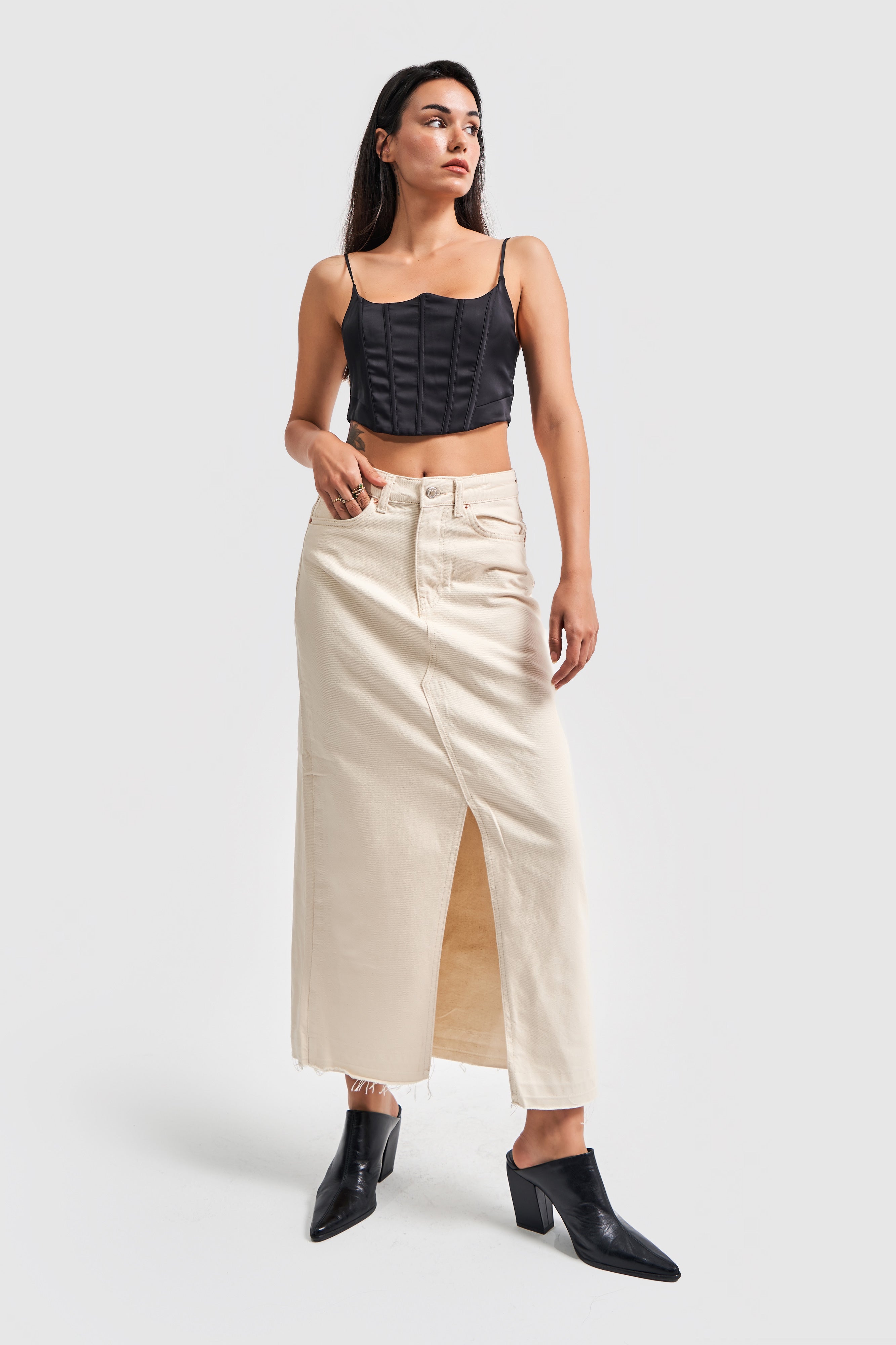 Women's Raw Color Deep Slit High Waist Long Denim Skirt