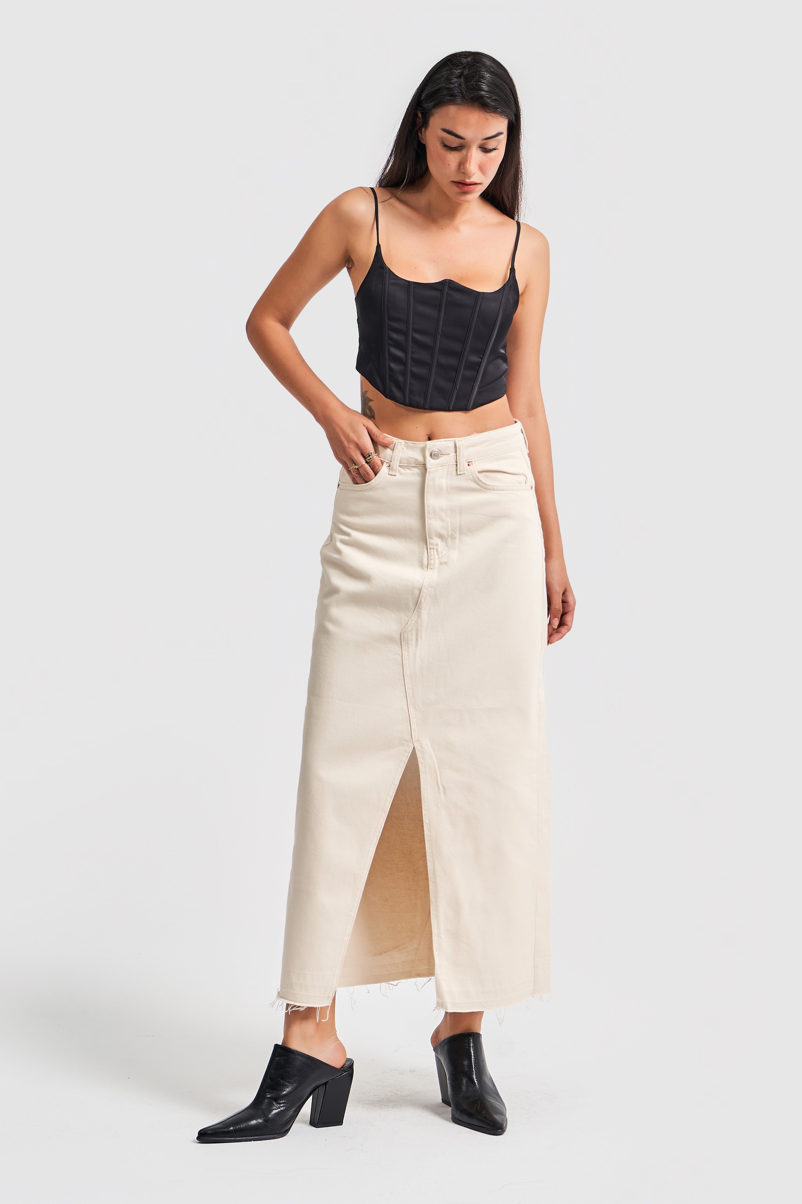 Women's Raw Color Deep Slit High Waist Long Denim Skirt