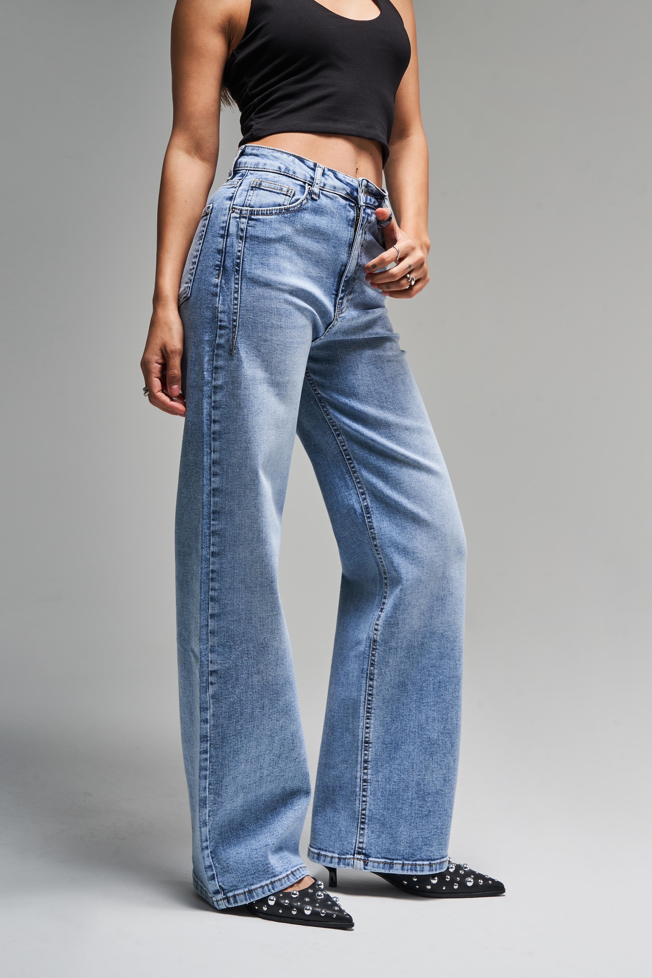 Kadın Kot Rengi 4s5-4 Wide Leg Likralı Esnek Kumaş İç Boy 80 Cm Denim Jean