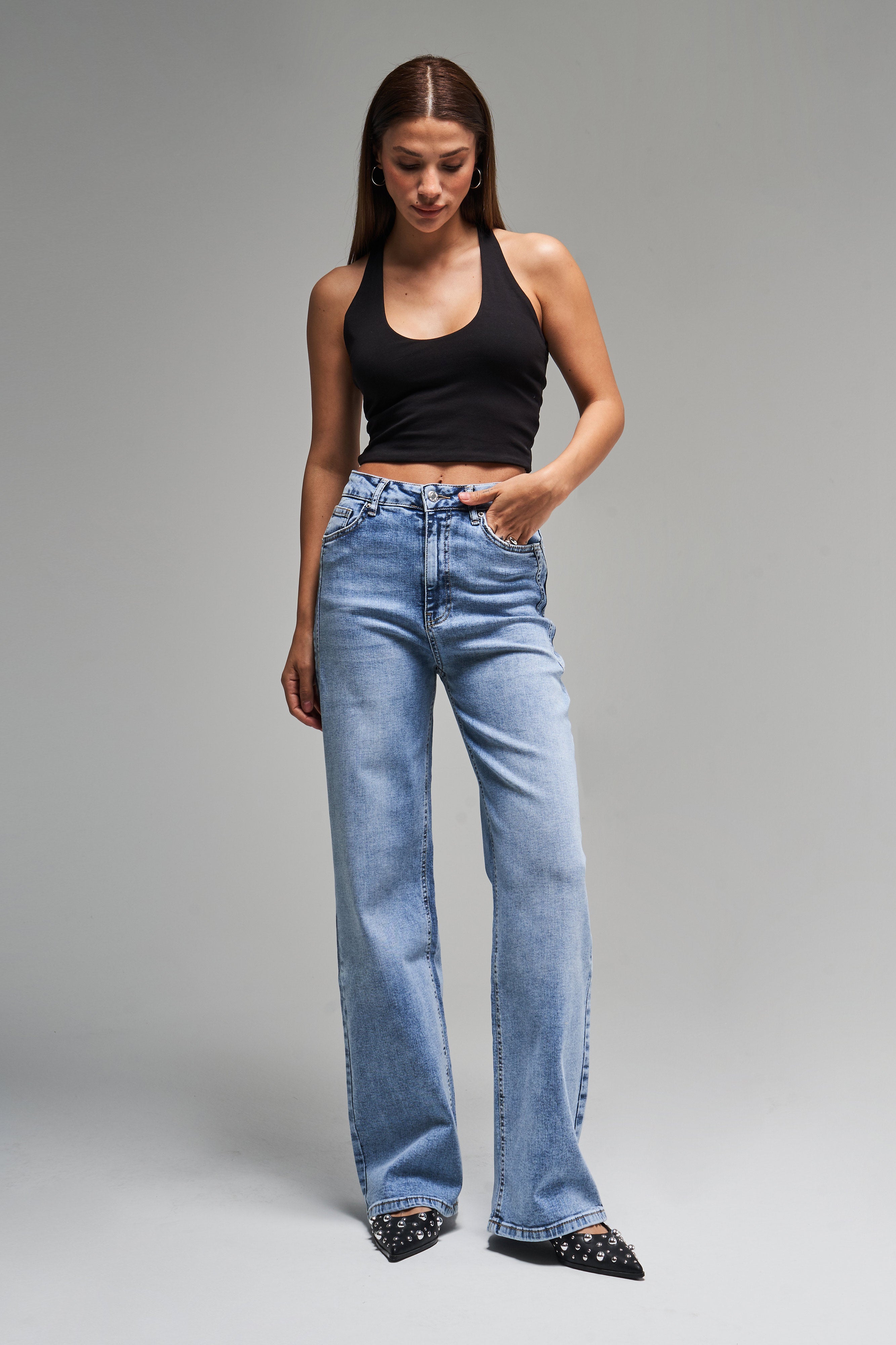 Kadın Kot Rengi 4s5-4 Wide Leg Likralı Esnek Kumaş İç Boy 80 Cm Denim Jean