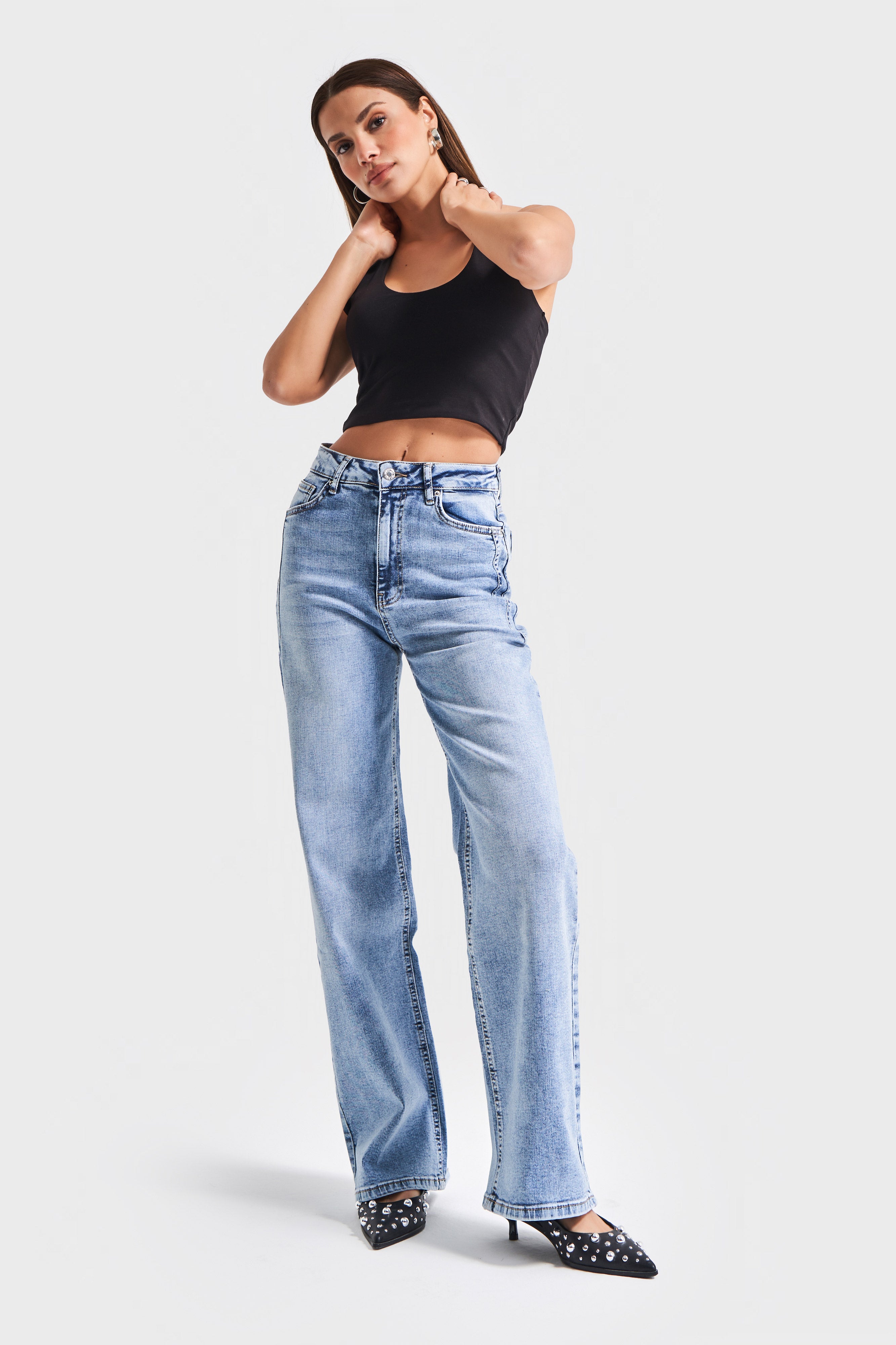 Kadın Kot Rengi 4s5-4 Wide Leg Likralı Esnek Kumaş İç Boy 80 Cm Denim Jean