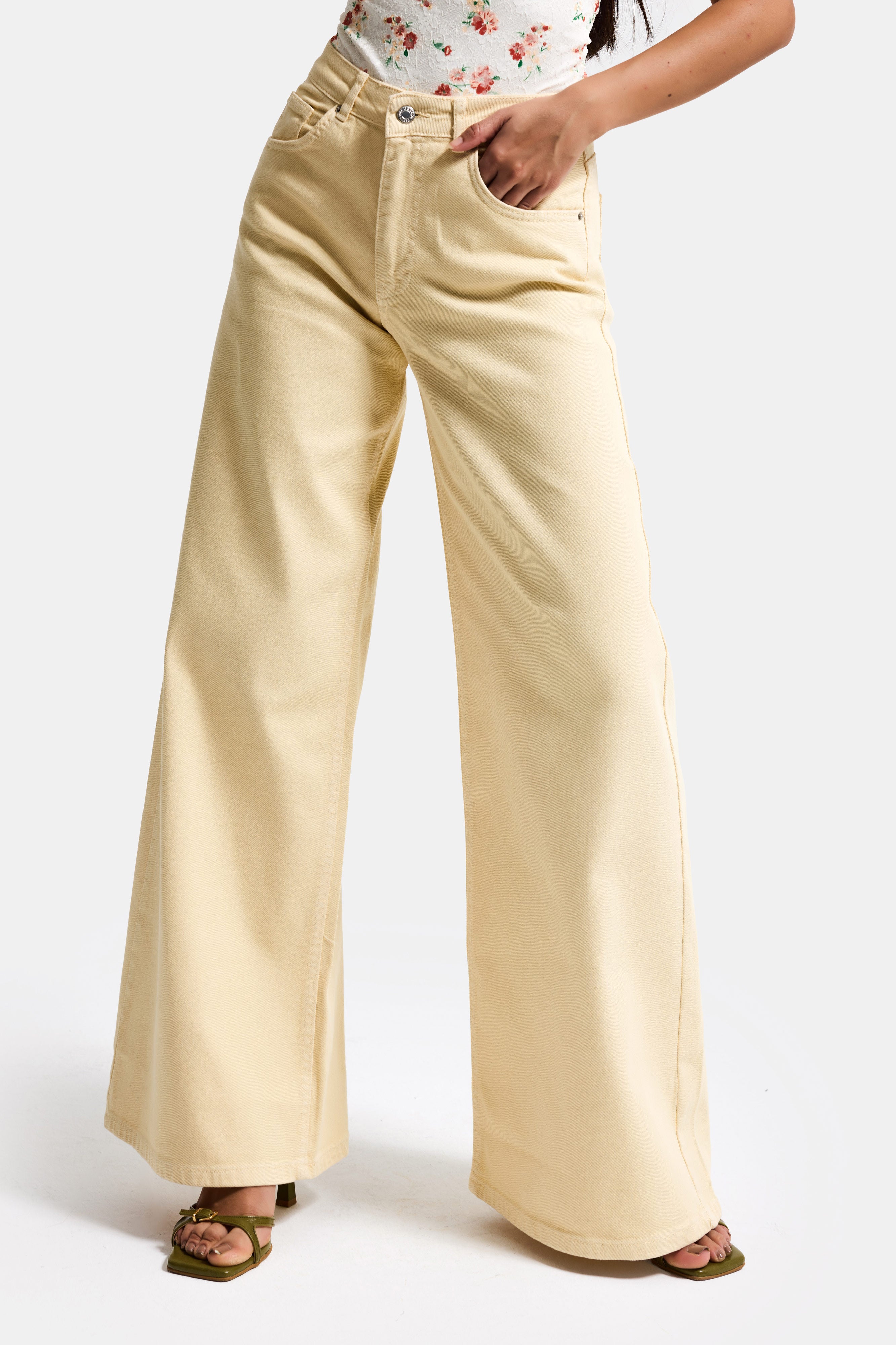 Women's Yellow 6s6-109 Palazzo Fit Elastane Fabric Denim Jeans