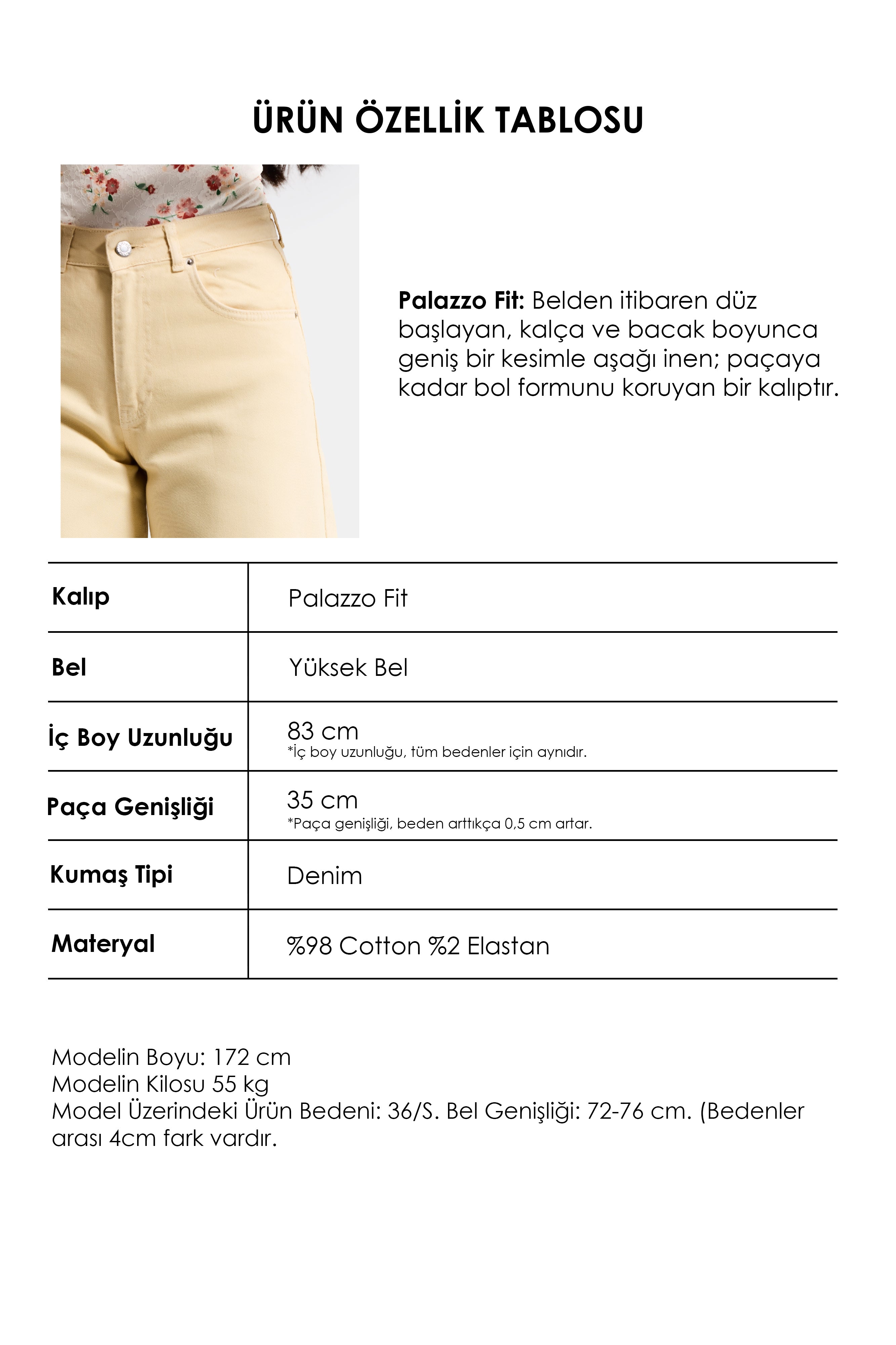 Kadın Sarı 6s6-109  Palazzo Fit Elastan Kumaş Denim Jean