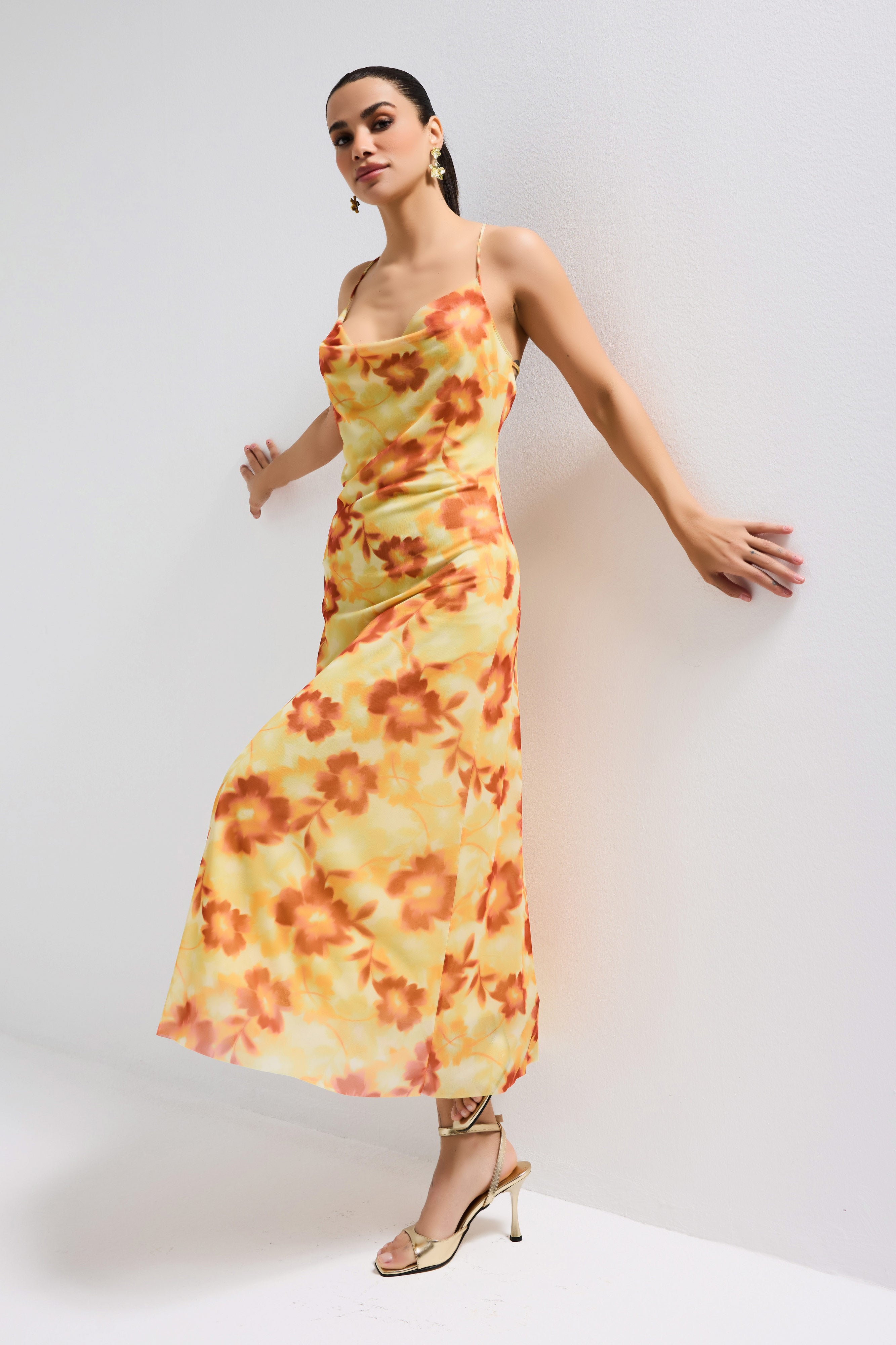 Kadın Sarı Baskılı s6 Çiçek Desen-4 Maxi Boy Özel Tasarım Elastan Elbise