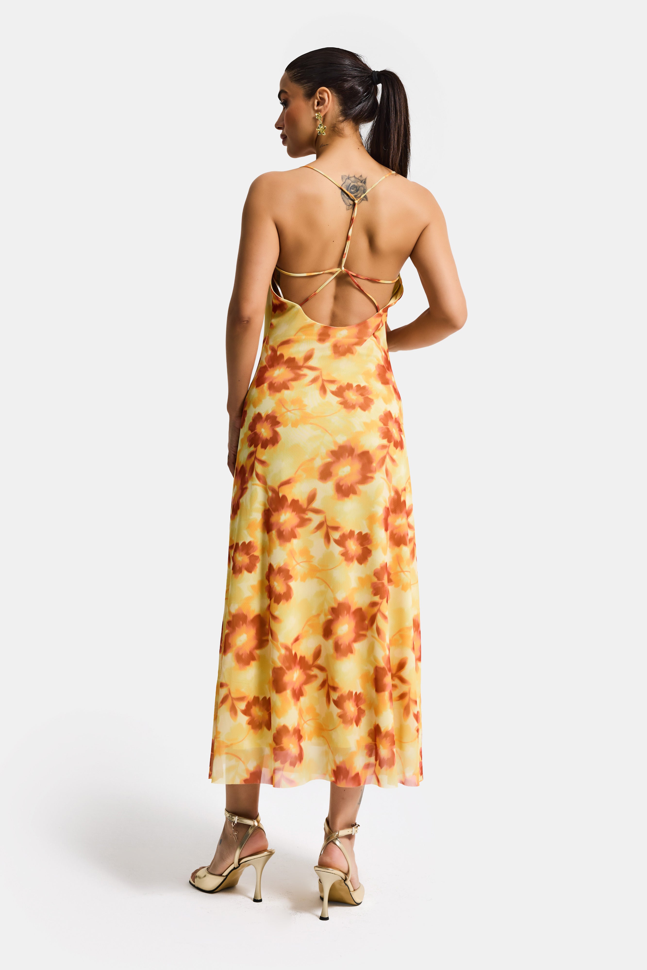 Women's Yellow Printed S6 Floral Pattern-4 Maxi Length Custom Design Elastane Dress