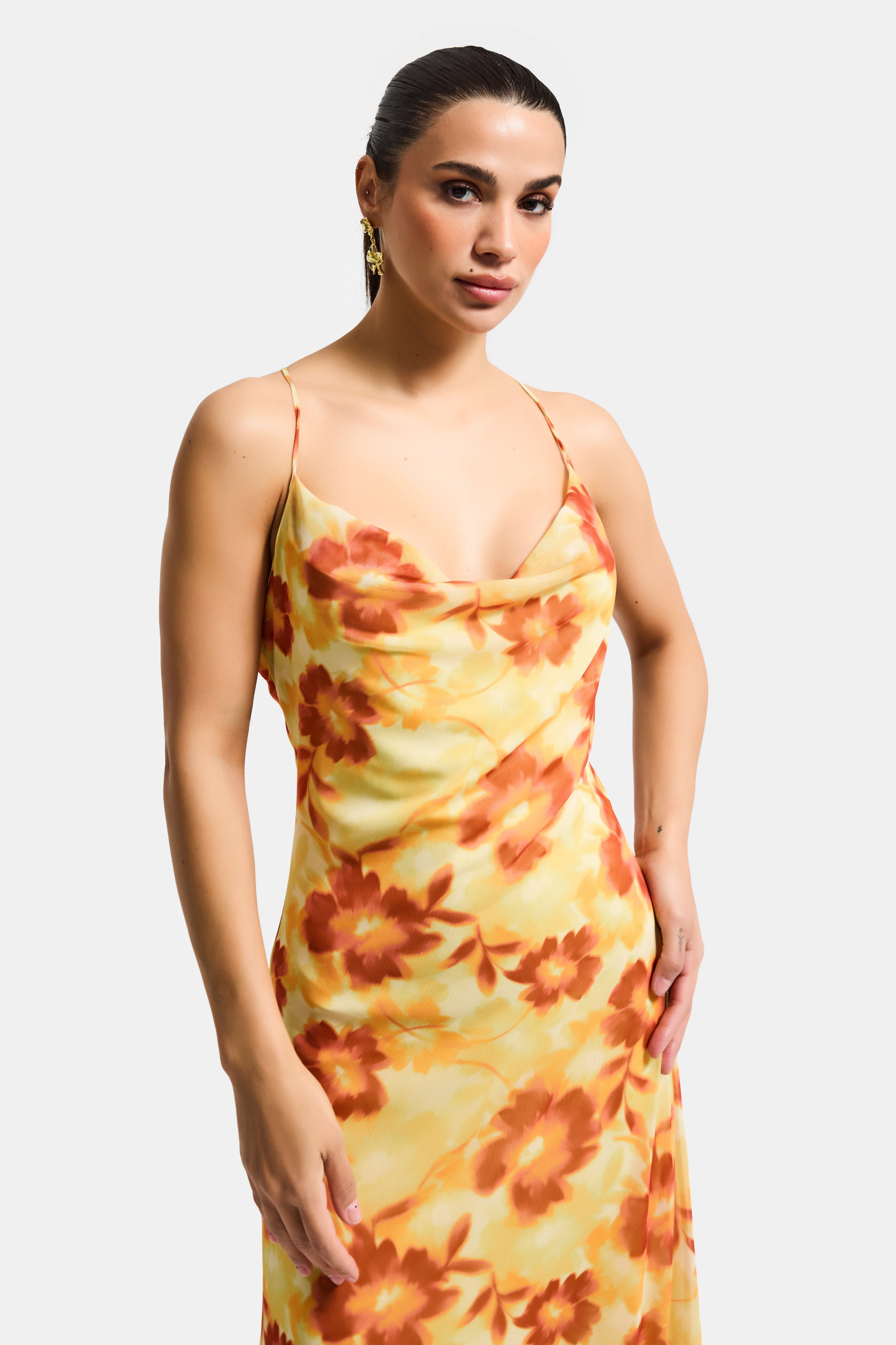 Women's Yellow Printed S6 Floral Pattern-4 Maxi Length Custom Design Elastane Dress