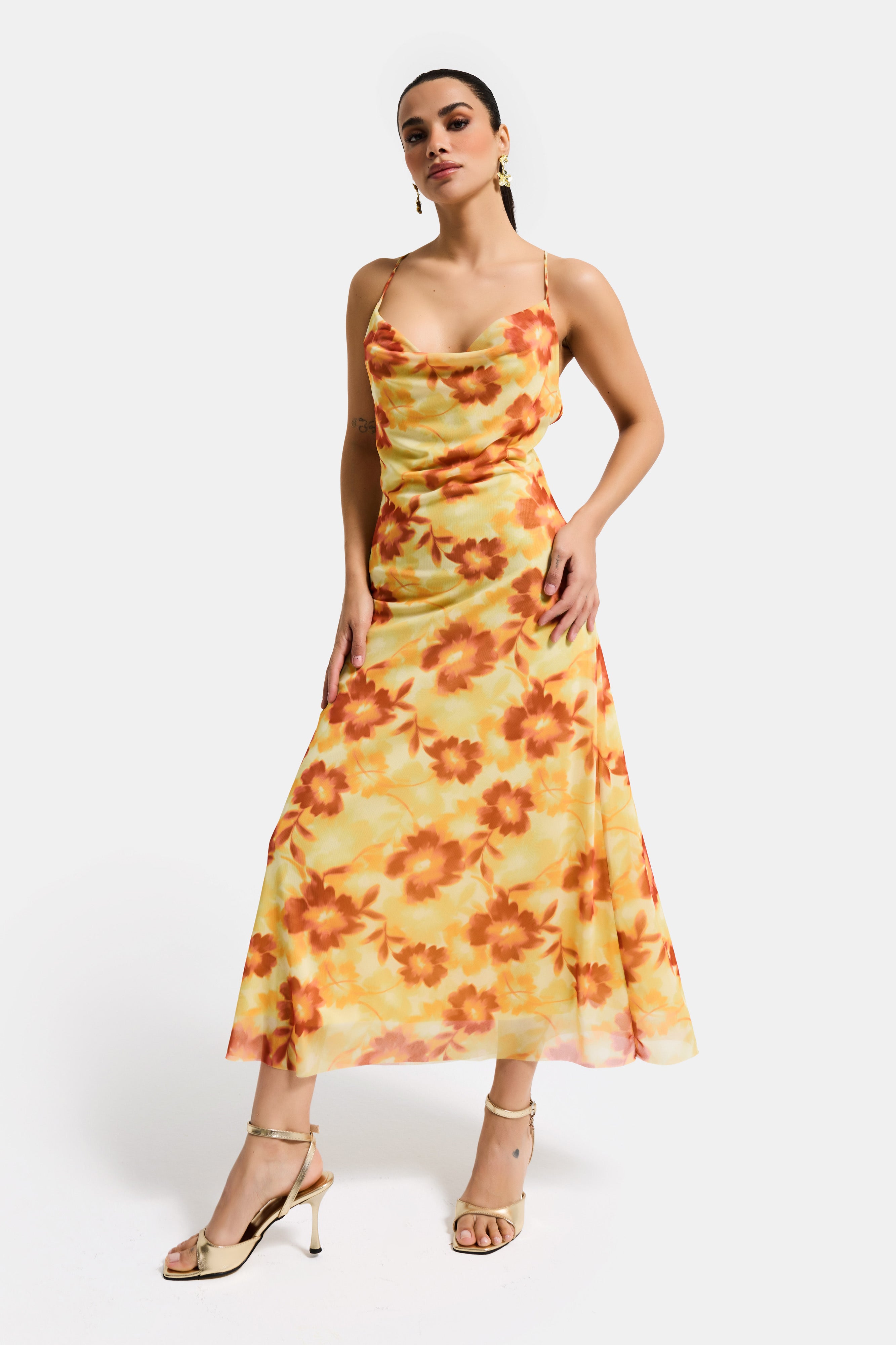 Women's Yellow Printed S6 Floral Pattern-4 Maxi Length Custom Design Elastane Dress