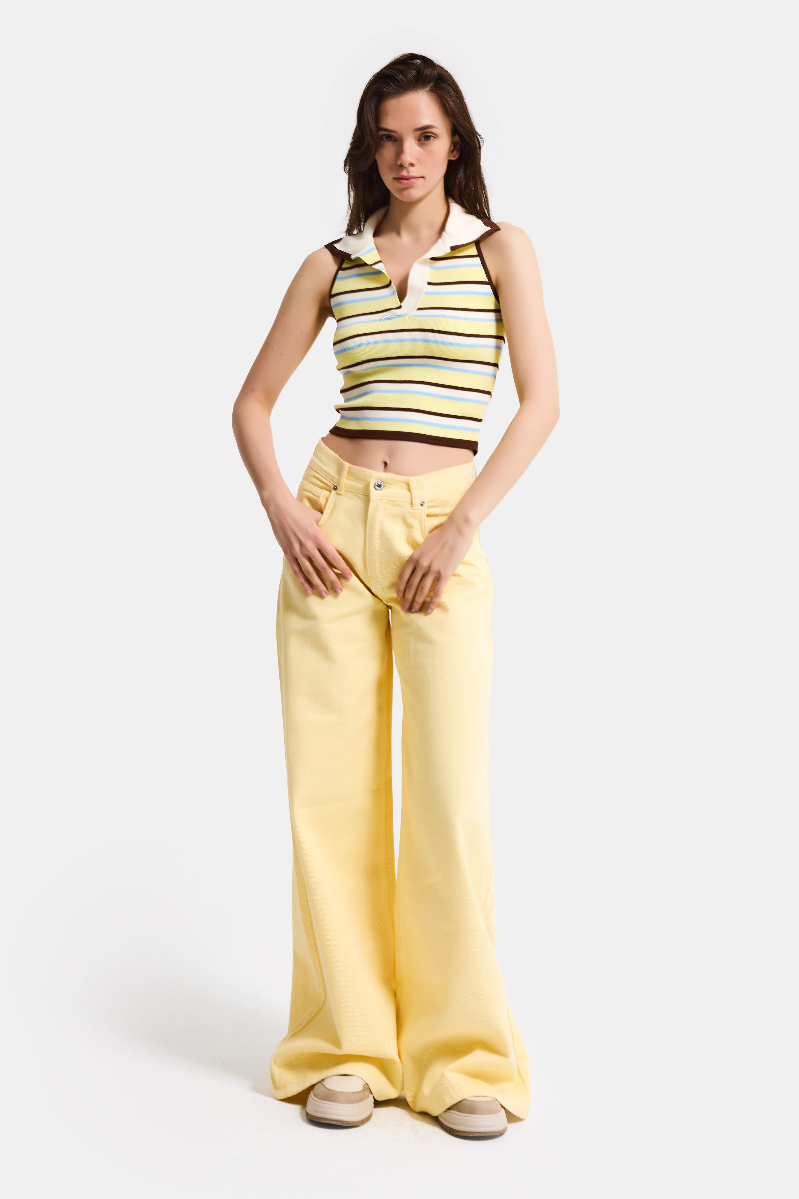 Kadın Sarı Çizgili s6-108 Crop Fit Polo Yaka İnce Yazlık Triko Body