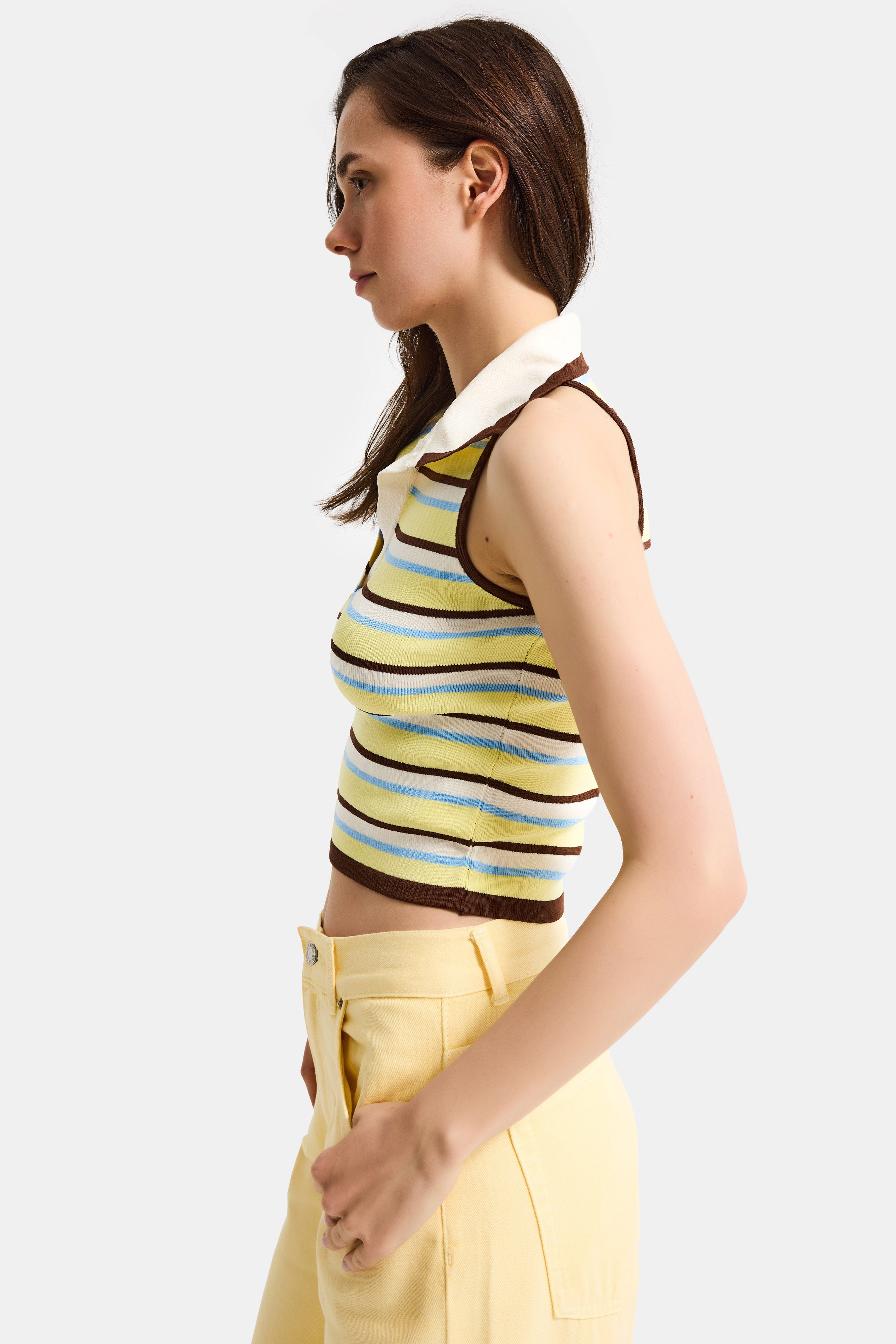 Kadın Sarı Çizgili s6-108 Crop Fit Polo Yaka İnce Yazlık Triko Body