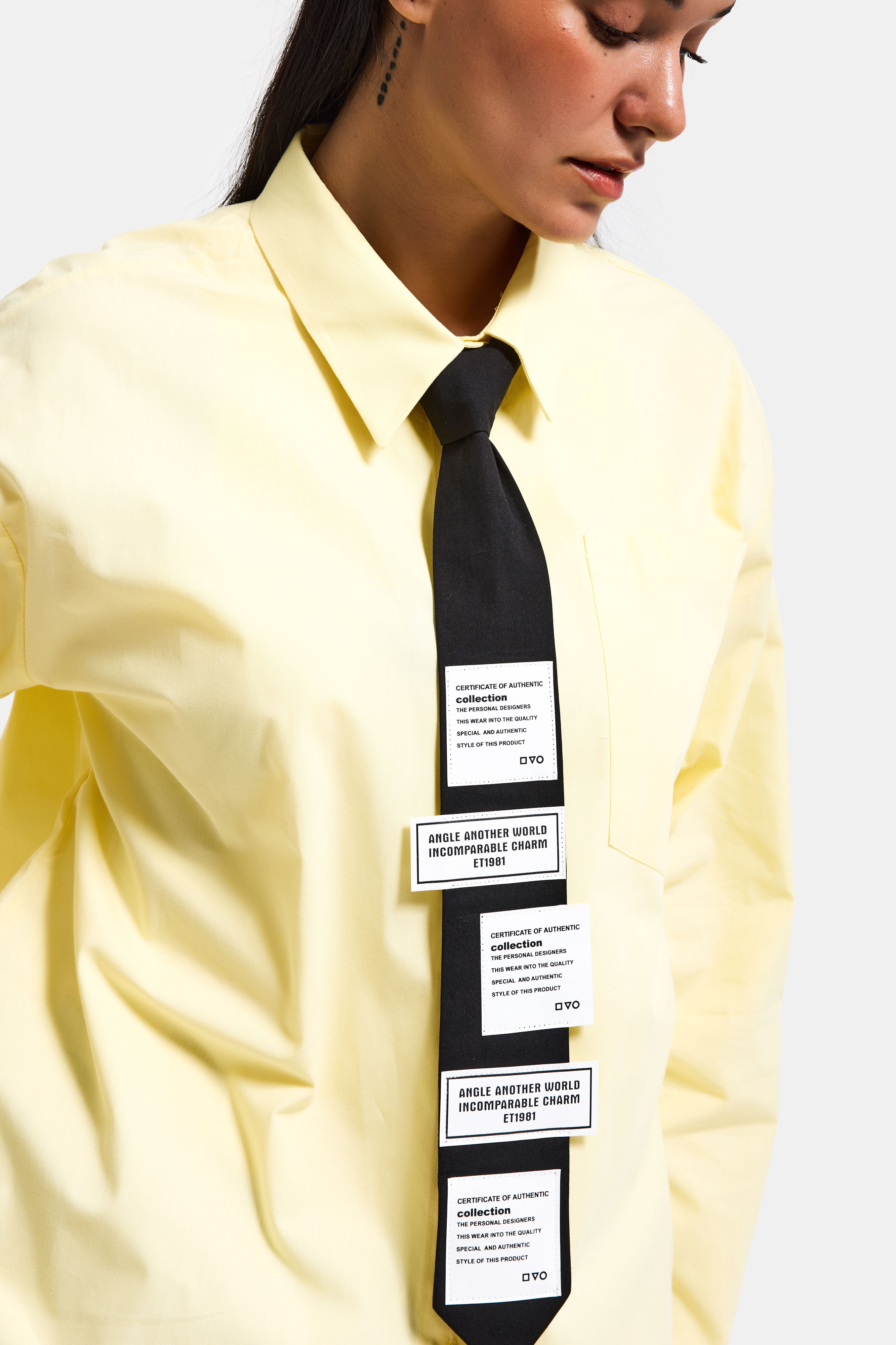 Kadın Sarı Renk Oversize Kravatlı Özel Tasarım Bol Kesim Gömlek