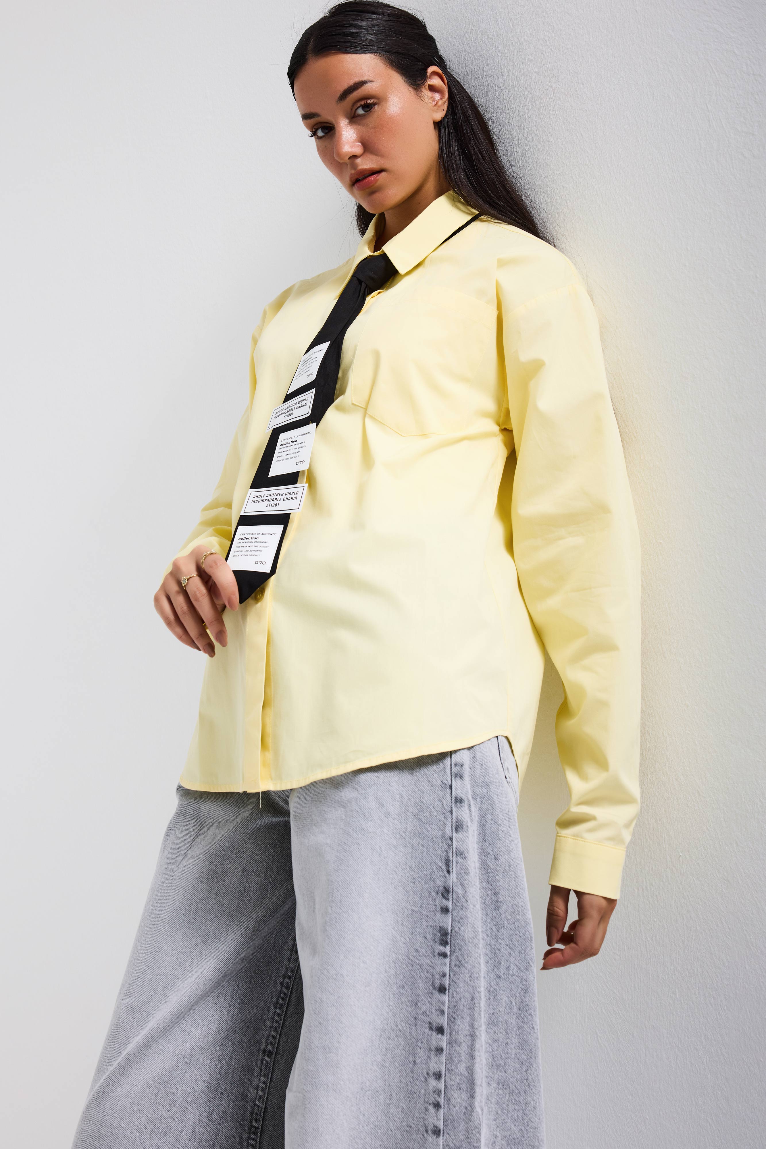 Kadın Sarı Renk Oversize Kravatlı Özel Tasarım Bol Kesim Gömlek