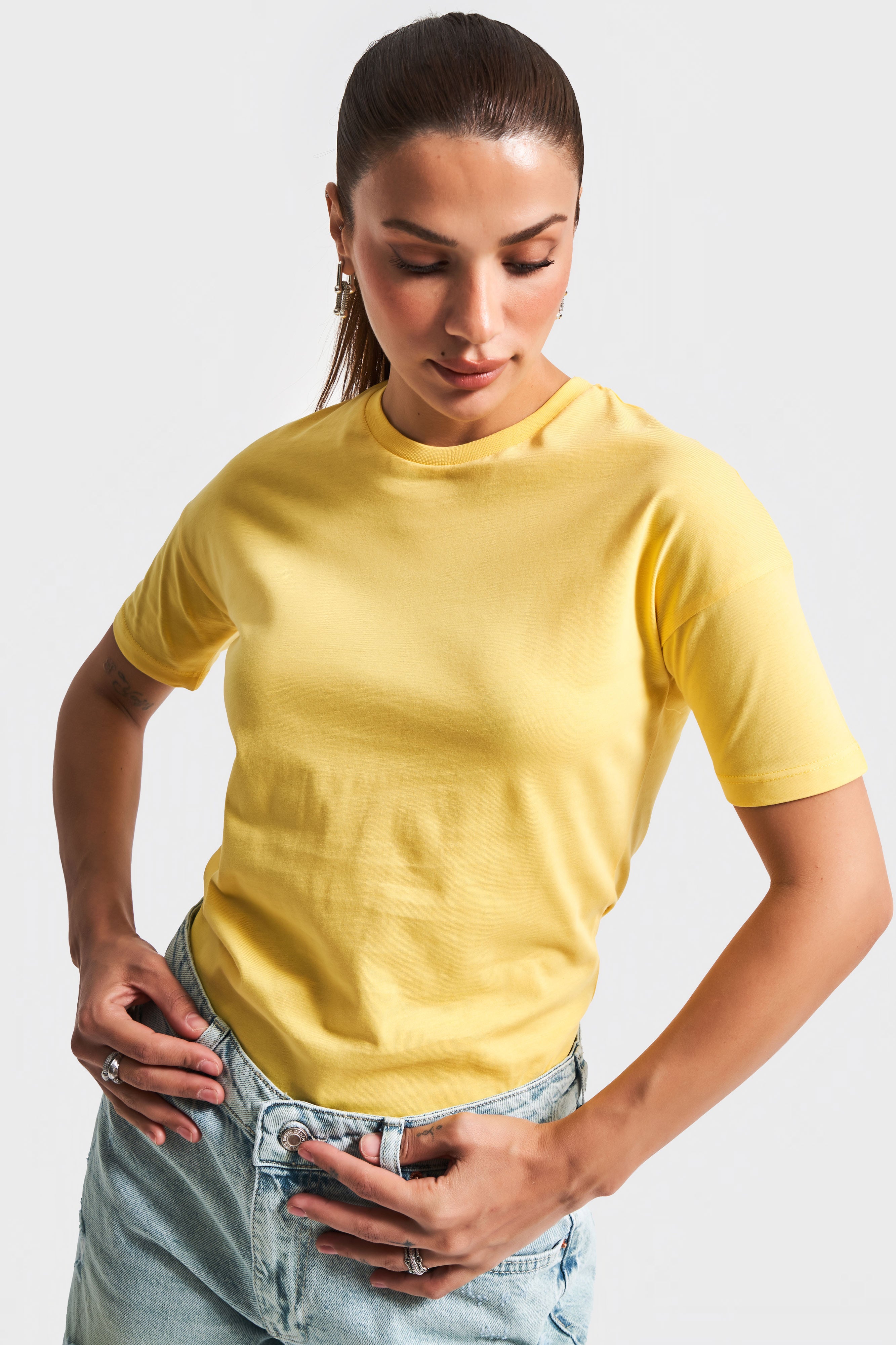 Kadın Sarı Renk S5-108 Bisiklet Yaka Basic T-Shirt