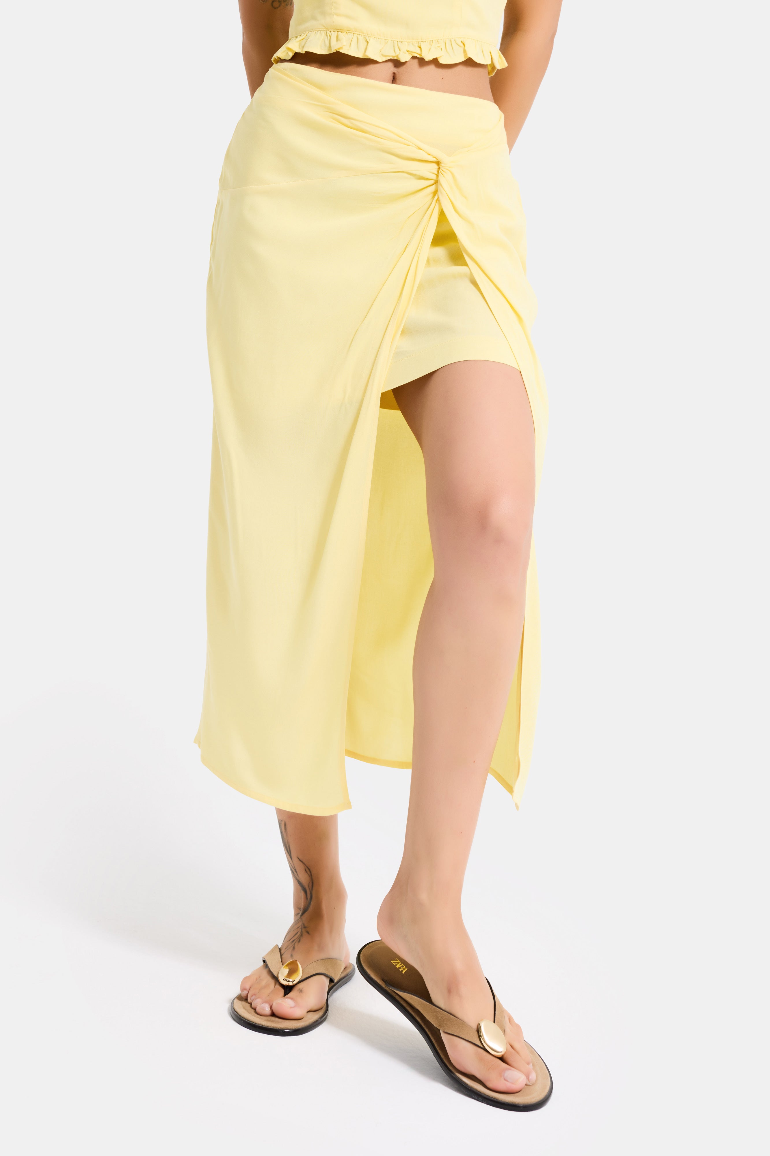 Kadın Sarı s6-108 Maxi Yırtmaçlı Önden Bağlamalı Poliviskon Tasarım Etek