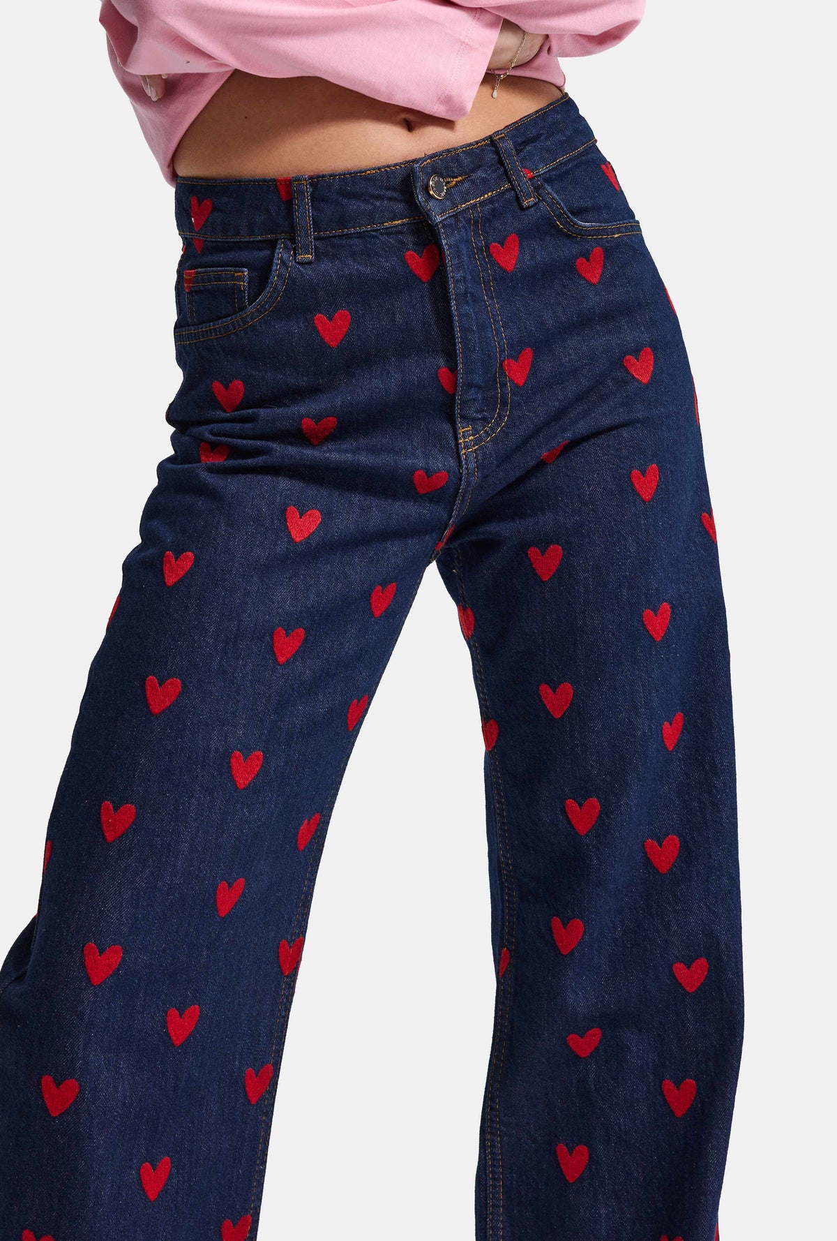 Kadın Selvedge 36w6-193 Straight Fit L777 Kalp Nakış Özel tasarım Denim Jean