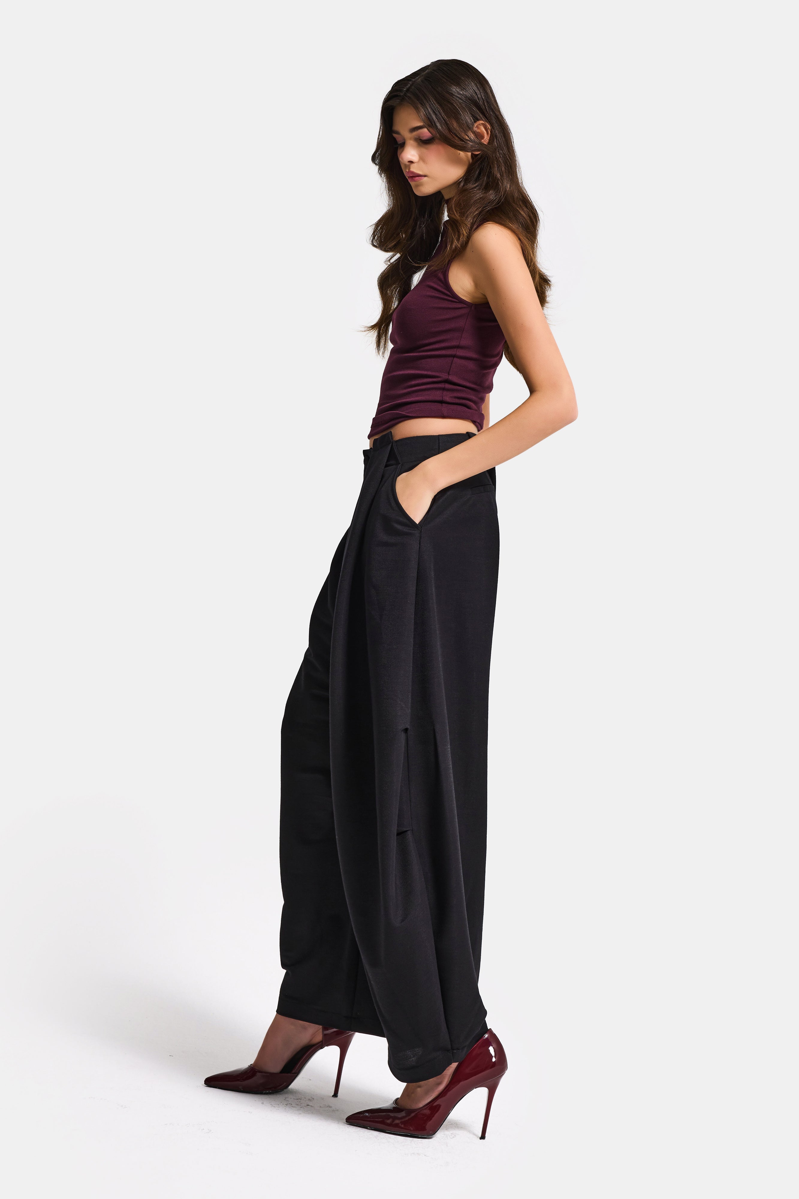 Kadın Siyah Balon Fit Viskon Kumaş Özel Tasarım Pantolon