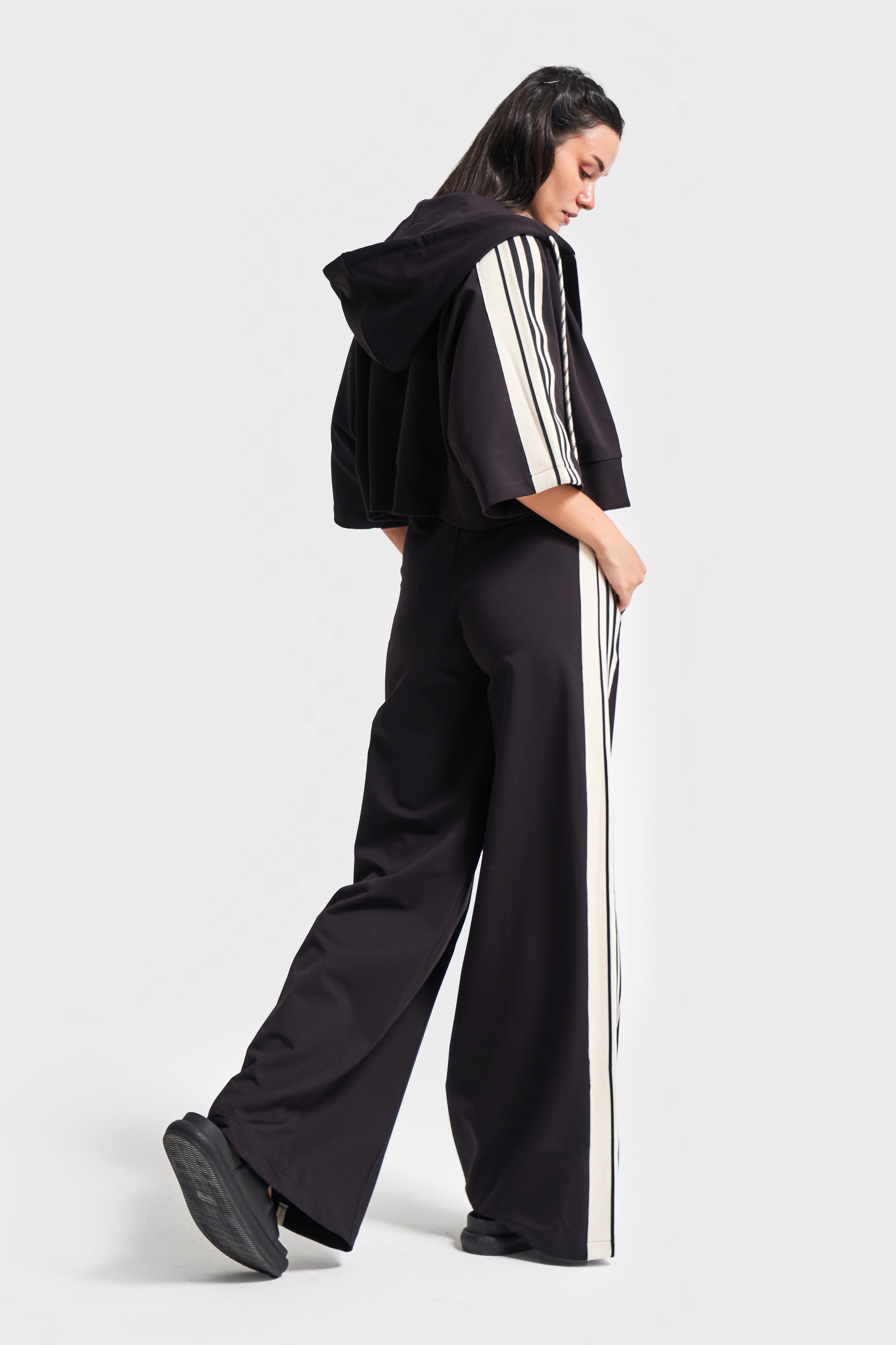 Kadın Siyah Bej Renk s5-1 Örme Kumaş Eşofman Oversize T-Shirt Fermuarlı Polar 3'lü Takım Kombin